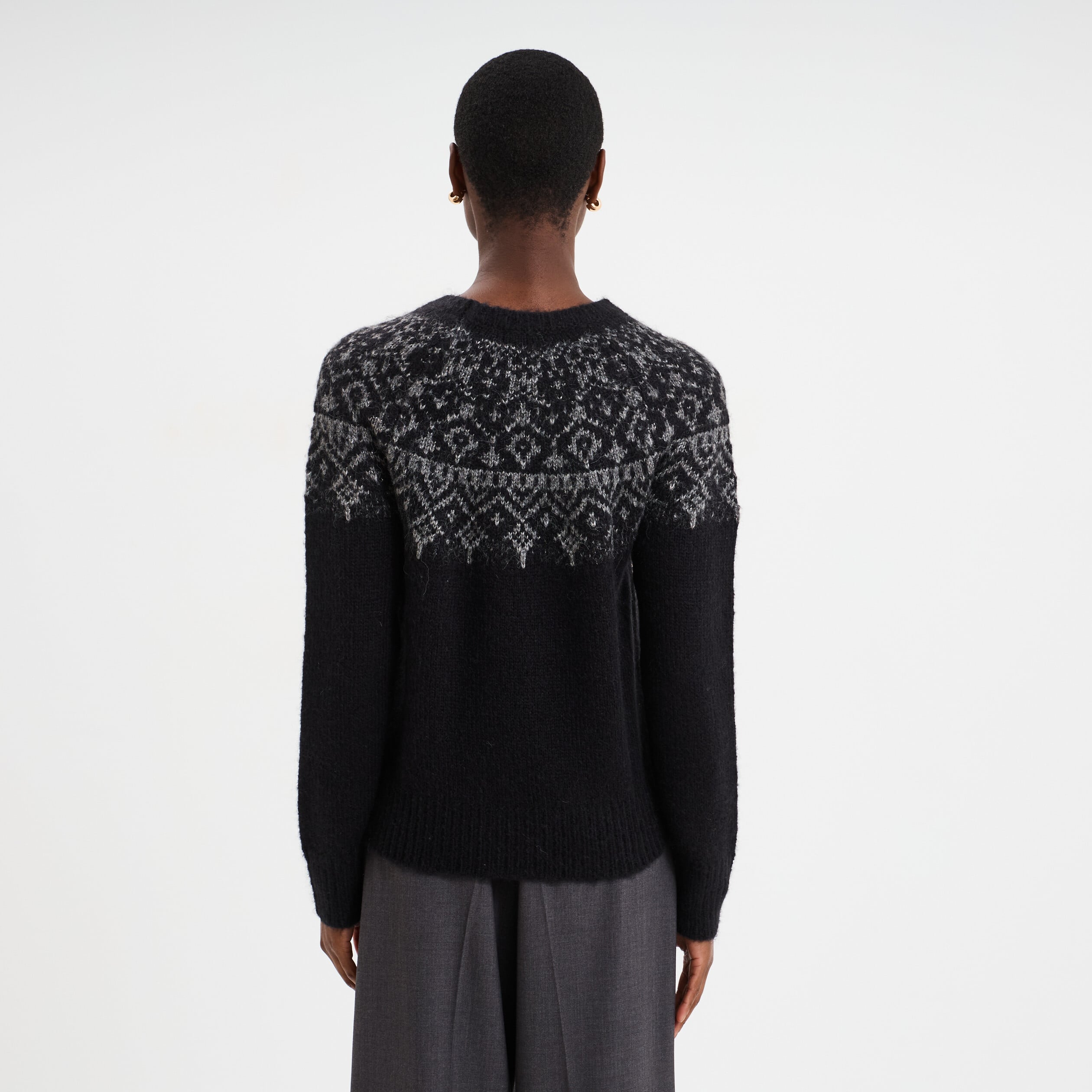 Pull jacquard col rond manches longues noir femme