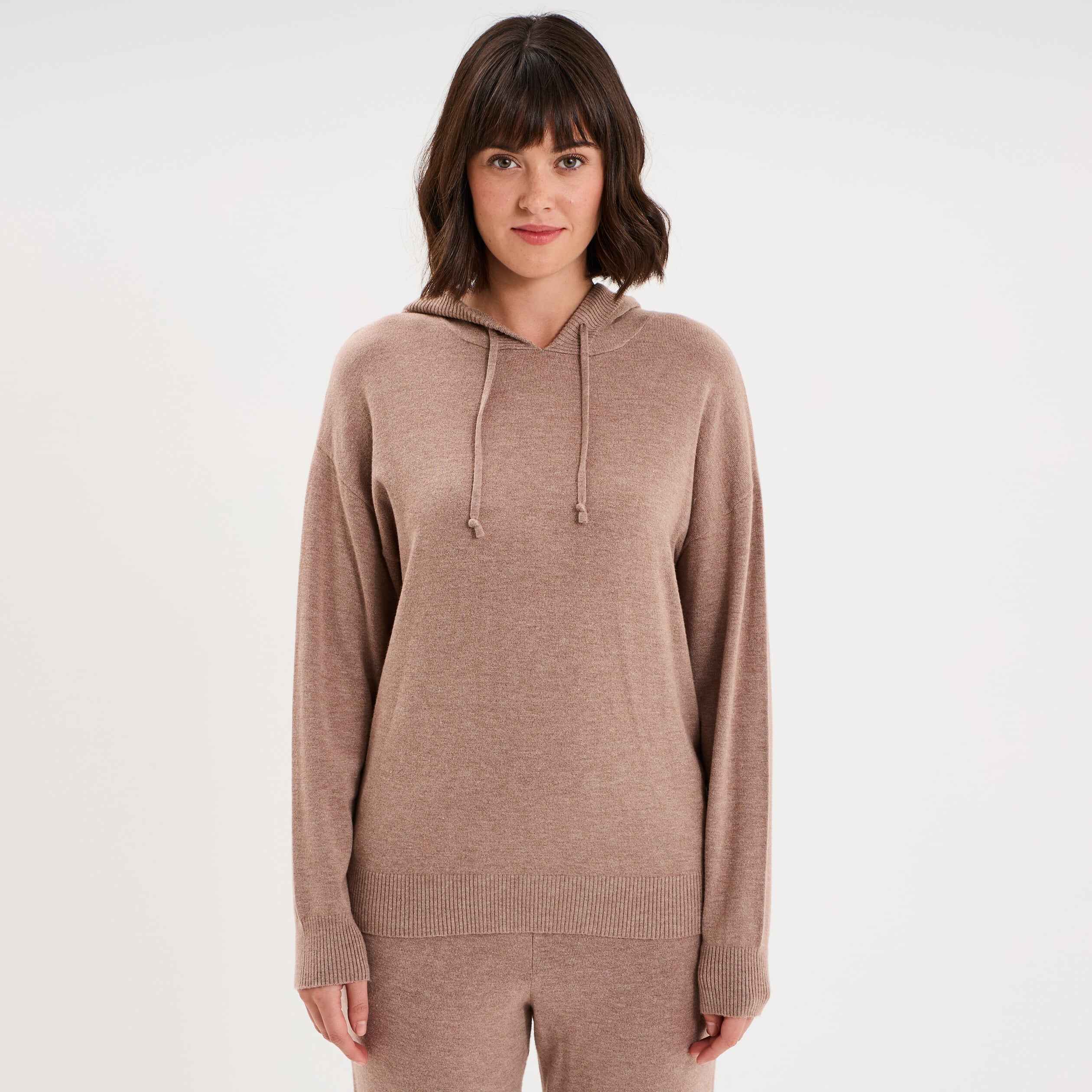 Haut de pyjama hoodie manches longues marron chocolat femme