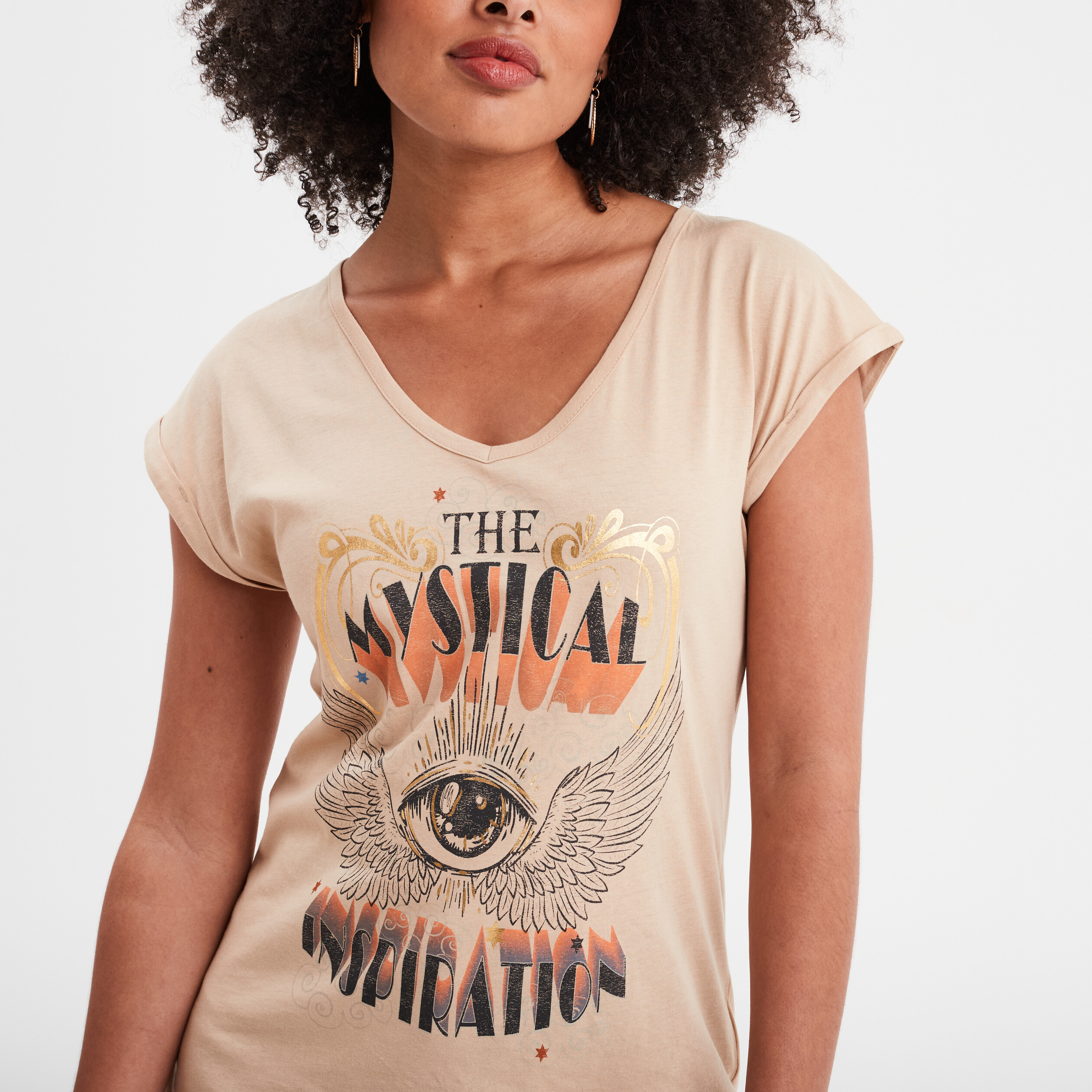 T-shirt coton col en V manches courtes beige femme