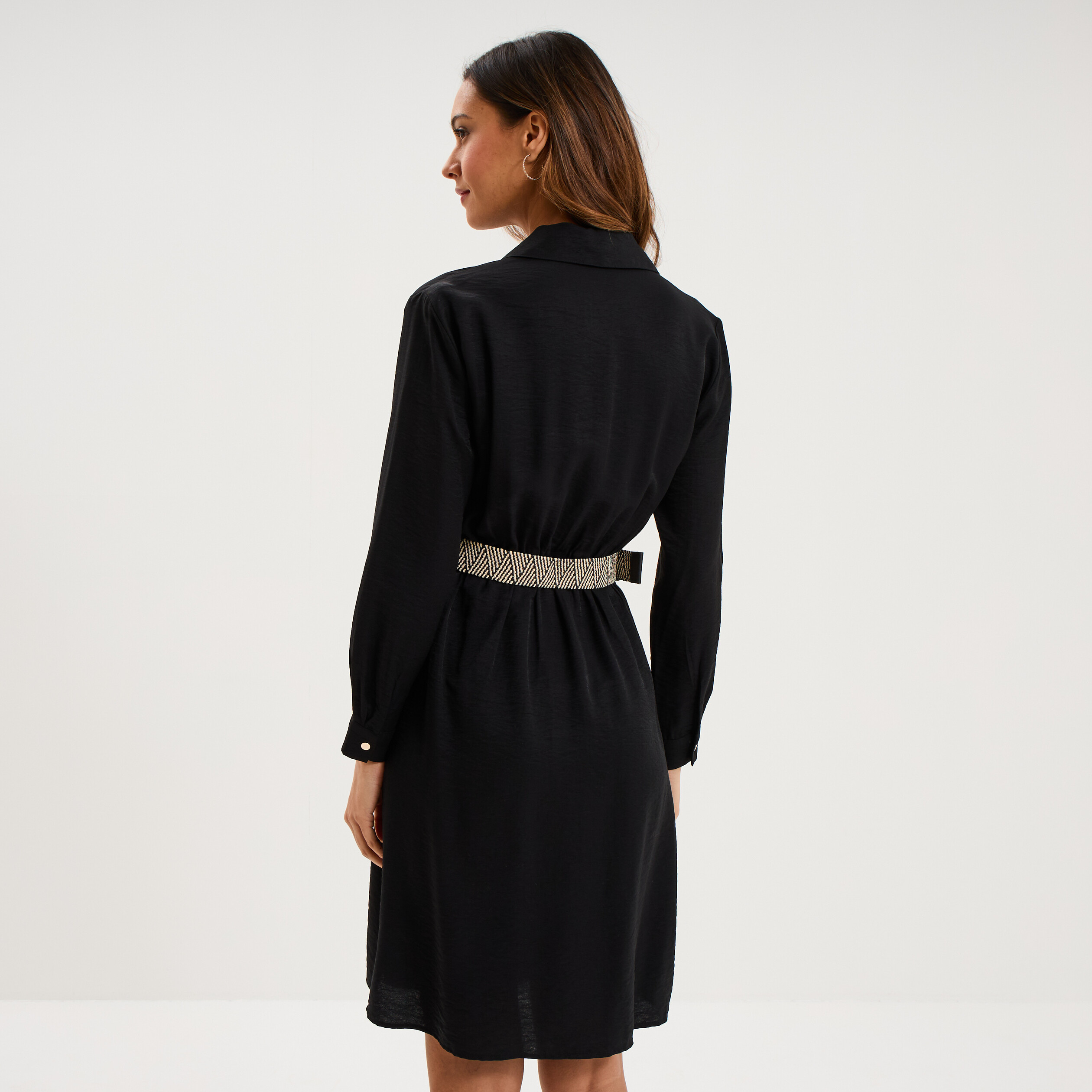 Robe chemise avec ceinture tress&eacute;e noir femme