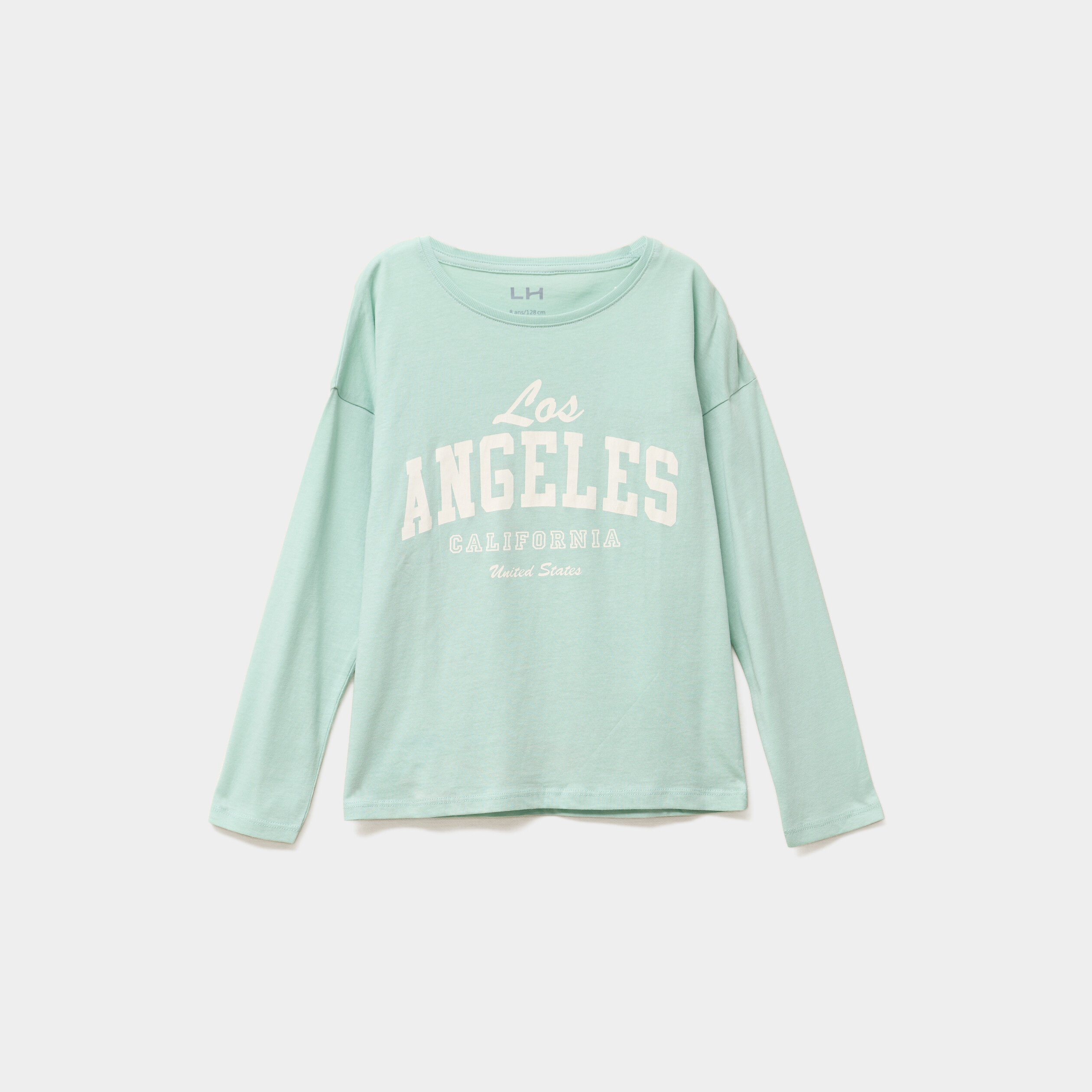 T-shirt col rond manches longues coton vert pastel fille