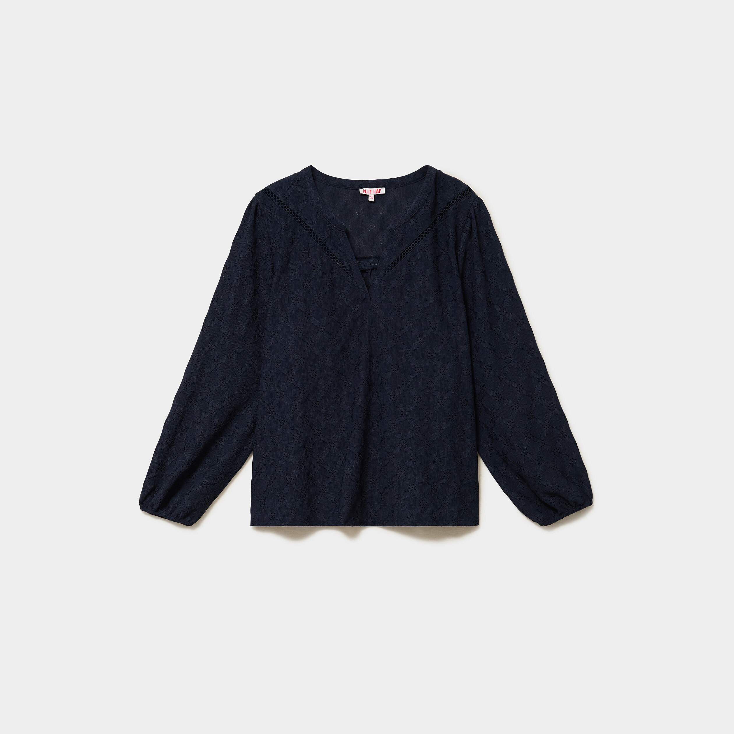 Blouse ajour&eacute;e manches 3/4 col tunisien bleu fonc&eacute; femme grande taille