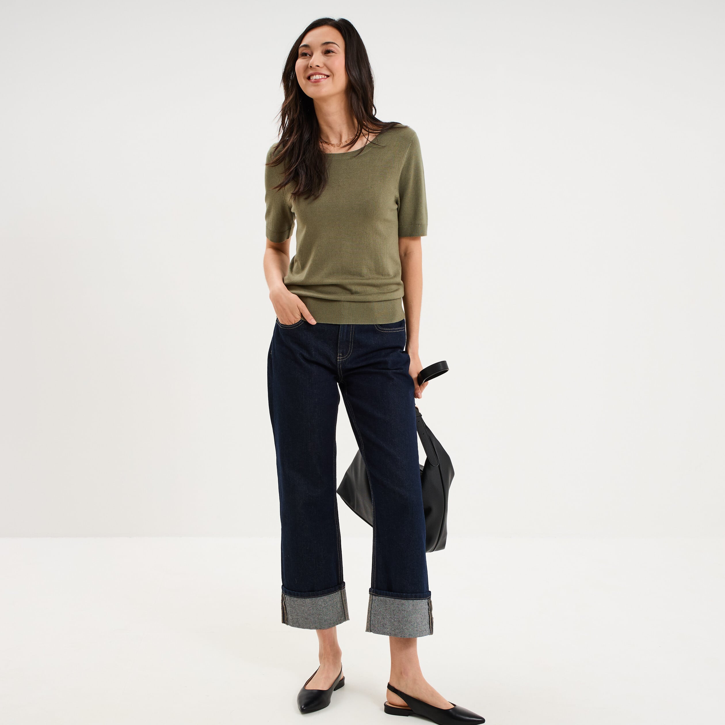Pull manches courtes col rond vert kaki femme