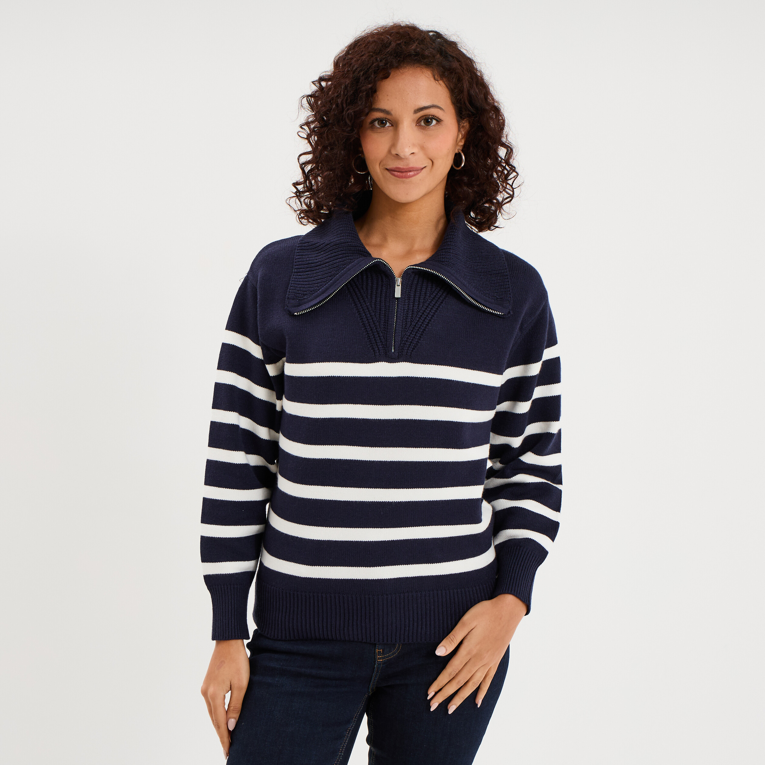 Pull col camionneur zippé Creeks bleu marine femme