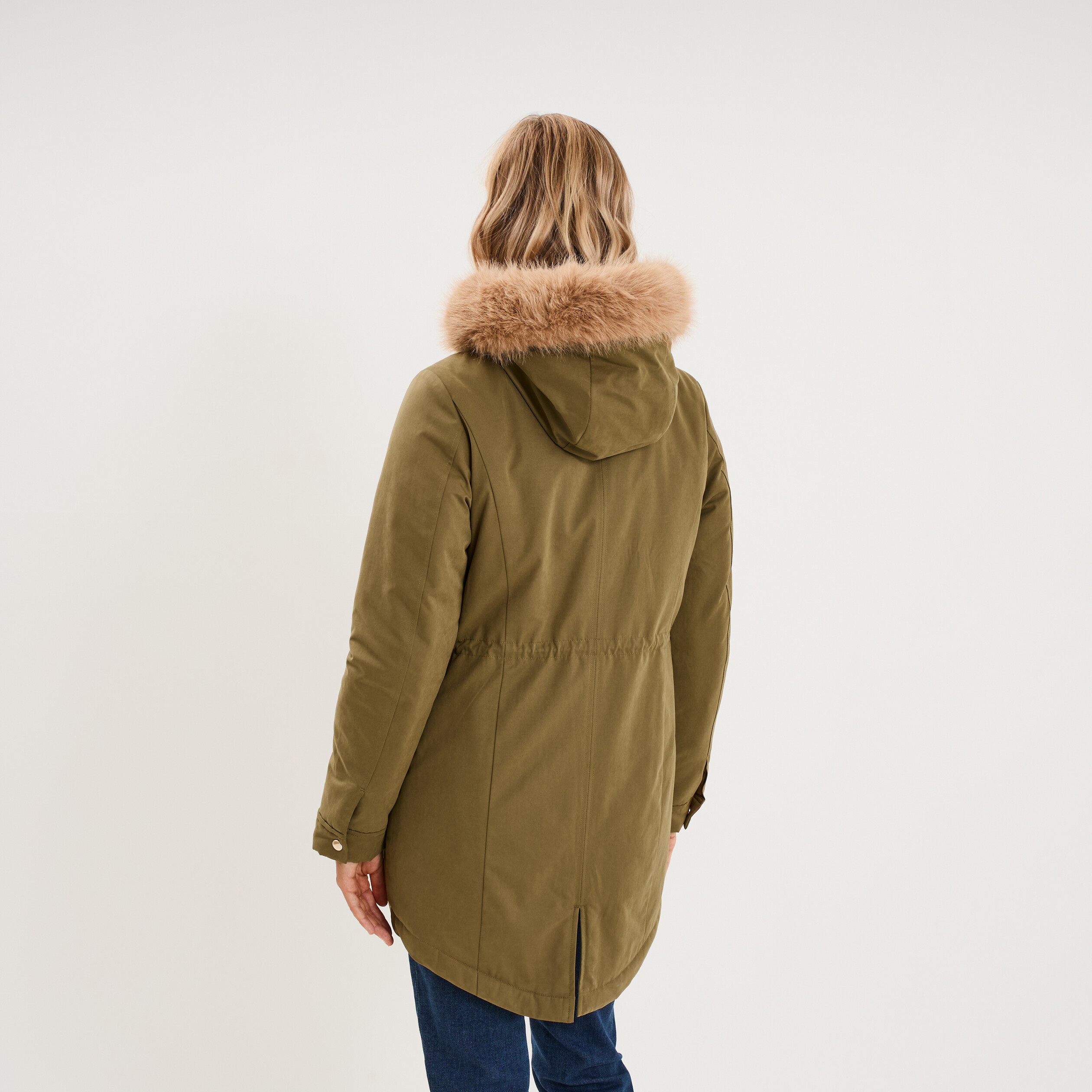 Parka cintr&eacute;e capuche fausse fourrure vert kaki femme