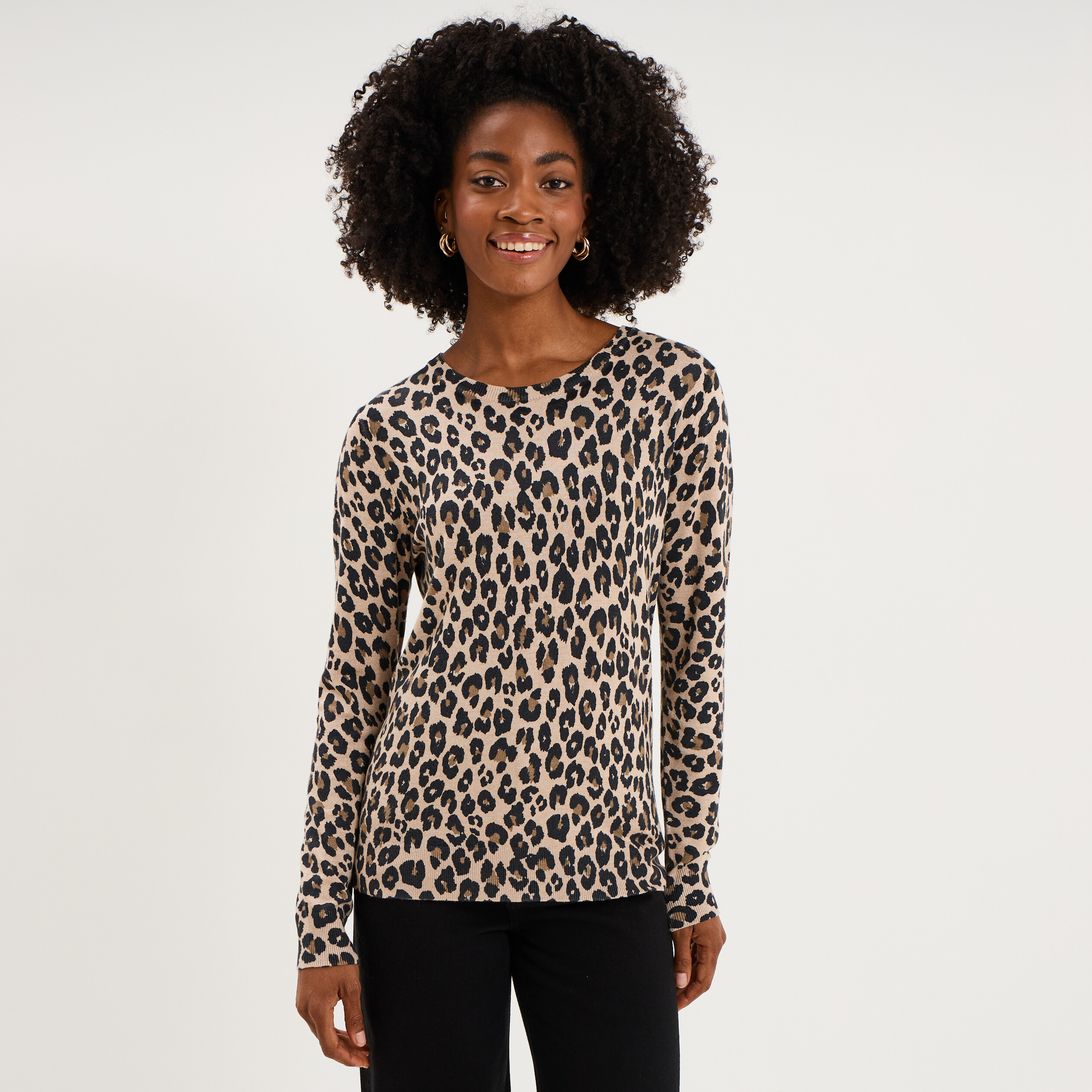Pull col rond manches longues beige femme