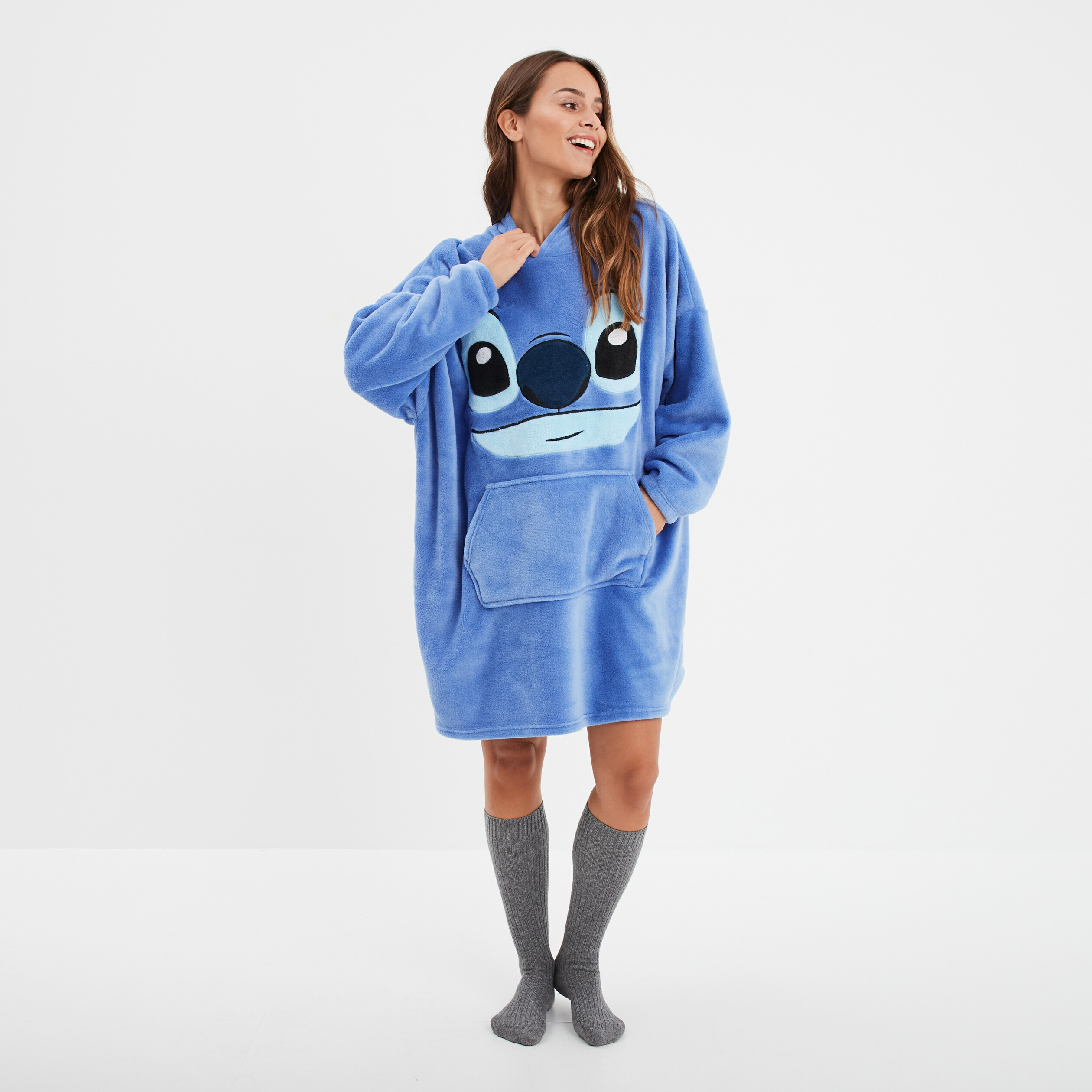 Poncho plaid &agrave; capuche Stitch bleu femme
