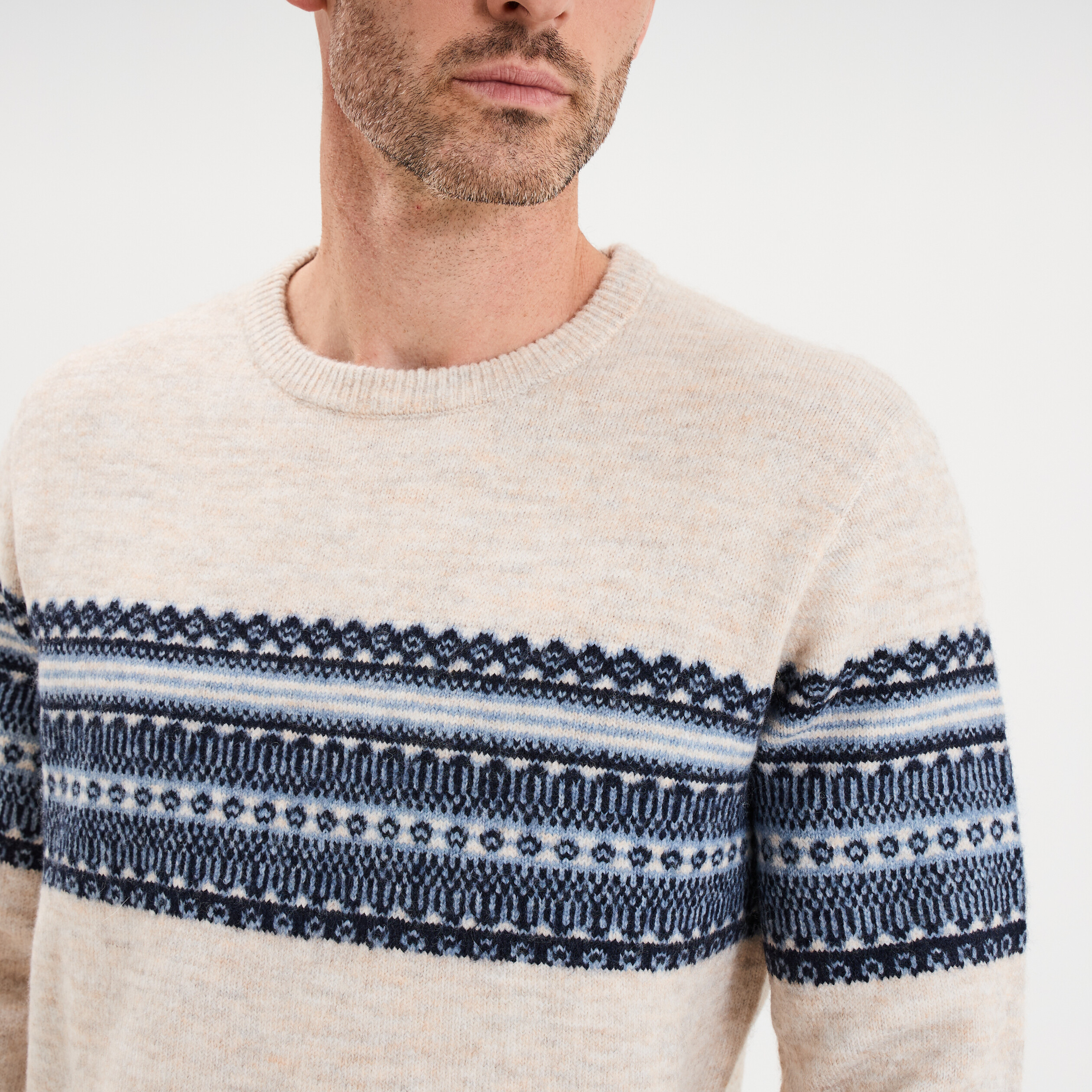 Pull jacquard col rond manches longues beige homme
