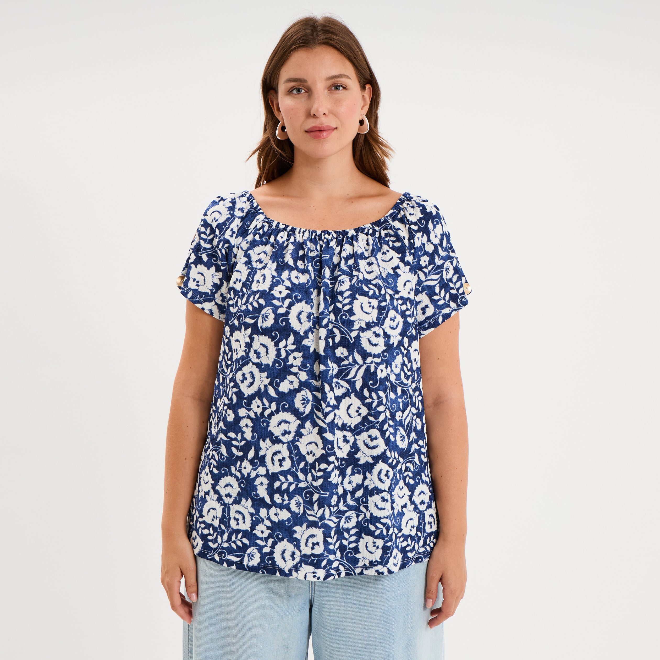 T-shirt gaufr&eacute; avec manches &agrave; noeuds bleu marine femme grande taille