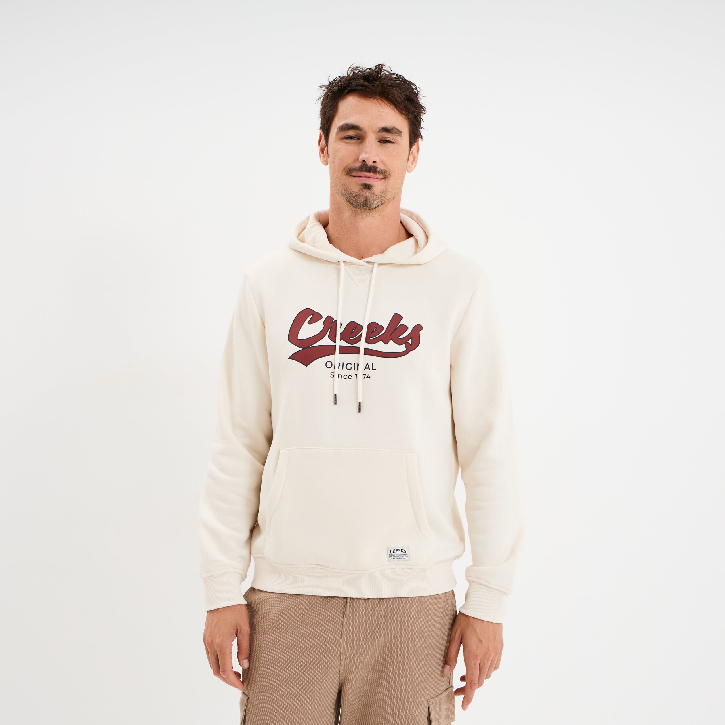 Sweat hoodie &agrave; capuche molleton 1 poche ecru homme