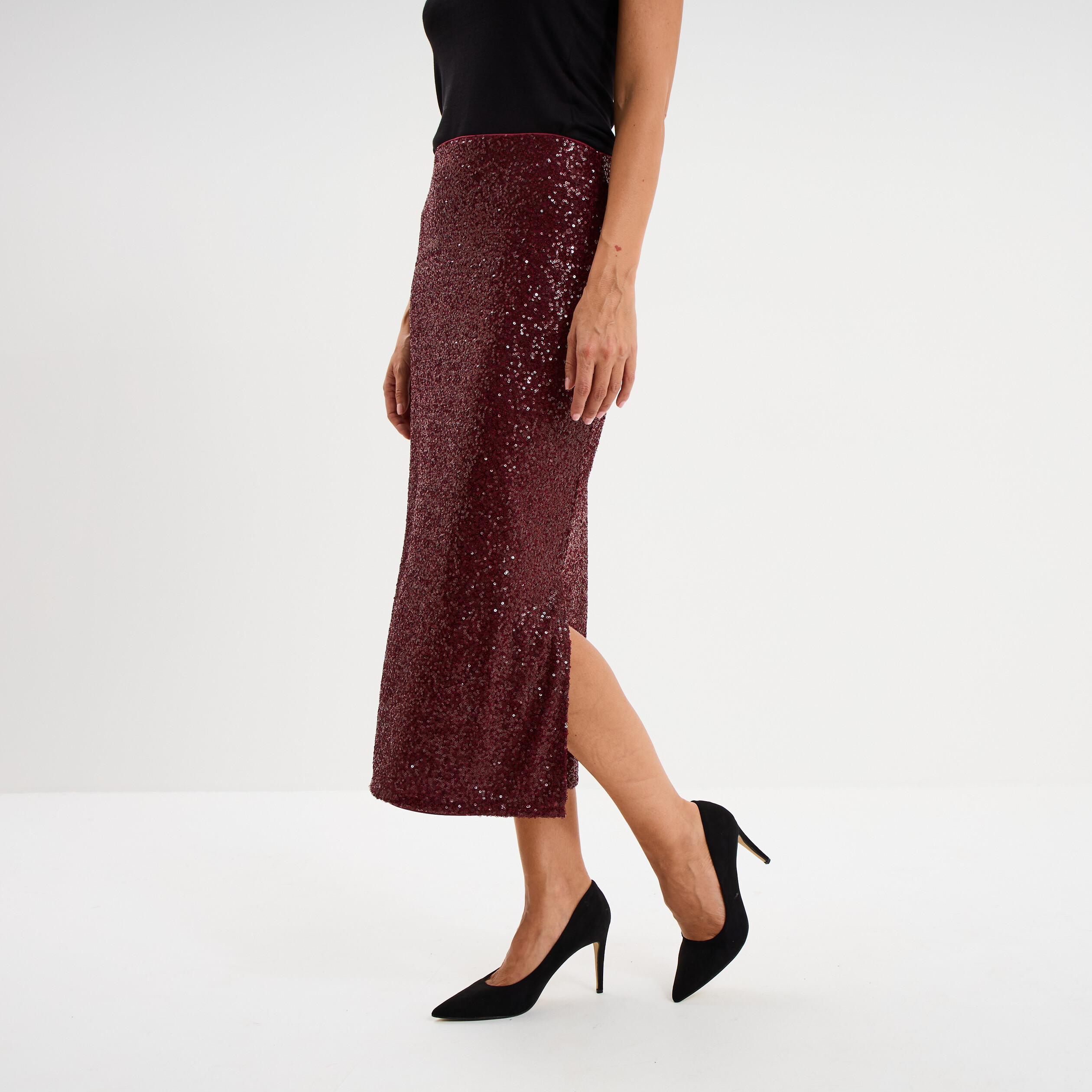Jupe longue &agrave; sequins rouge fonc&eacute; femme