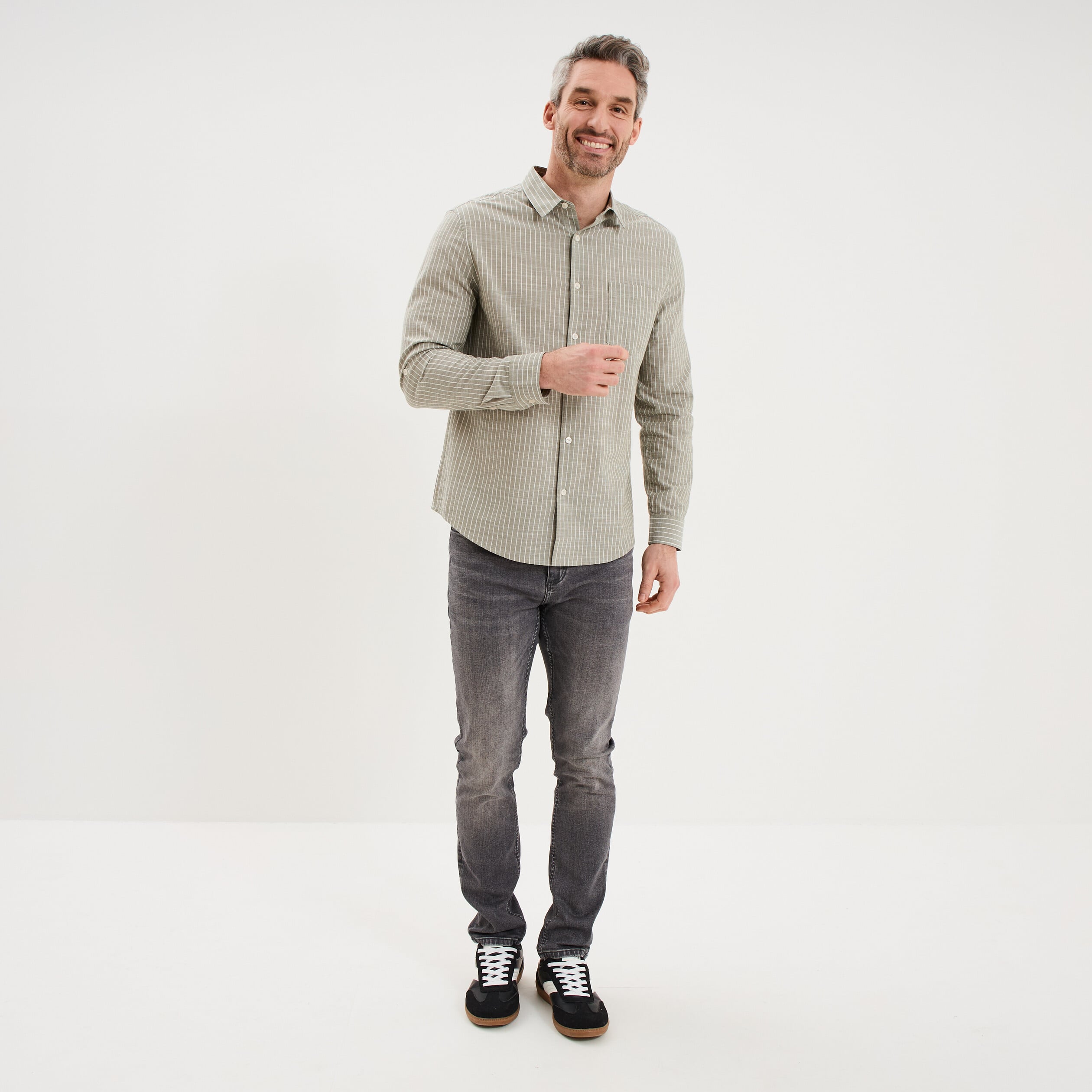 Chemise manches longues coton vert kaki homme