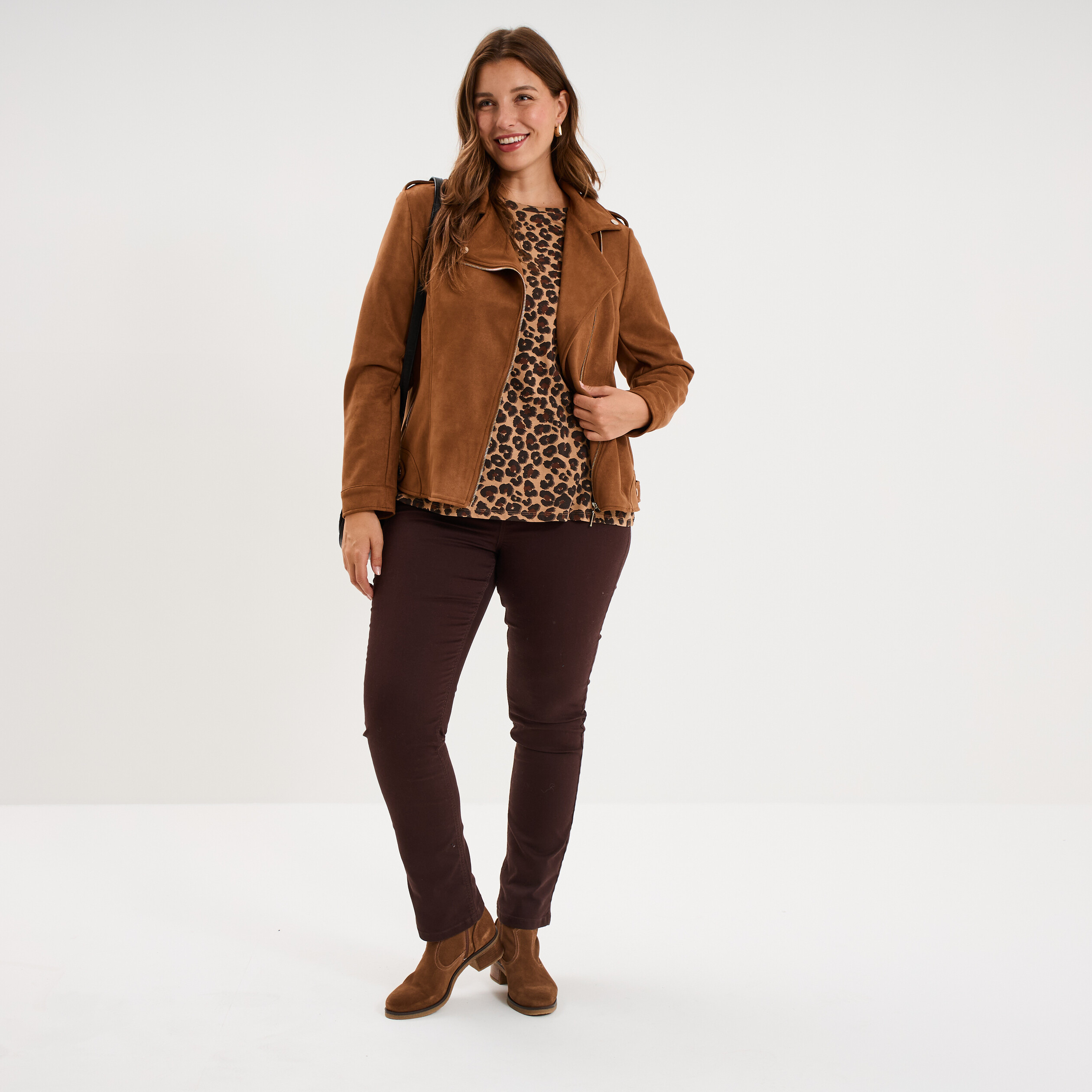 Pantalon droit taille haute extensible marron fonc&eacute; femme grande taille