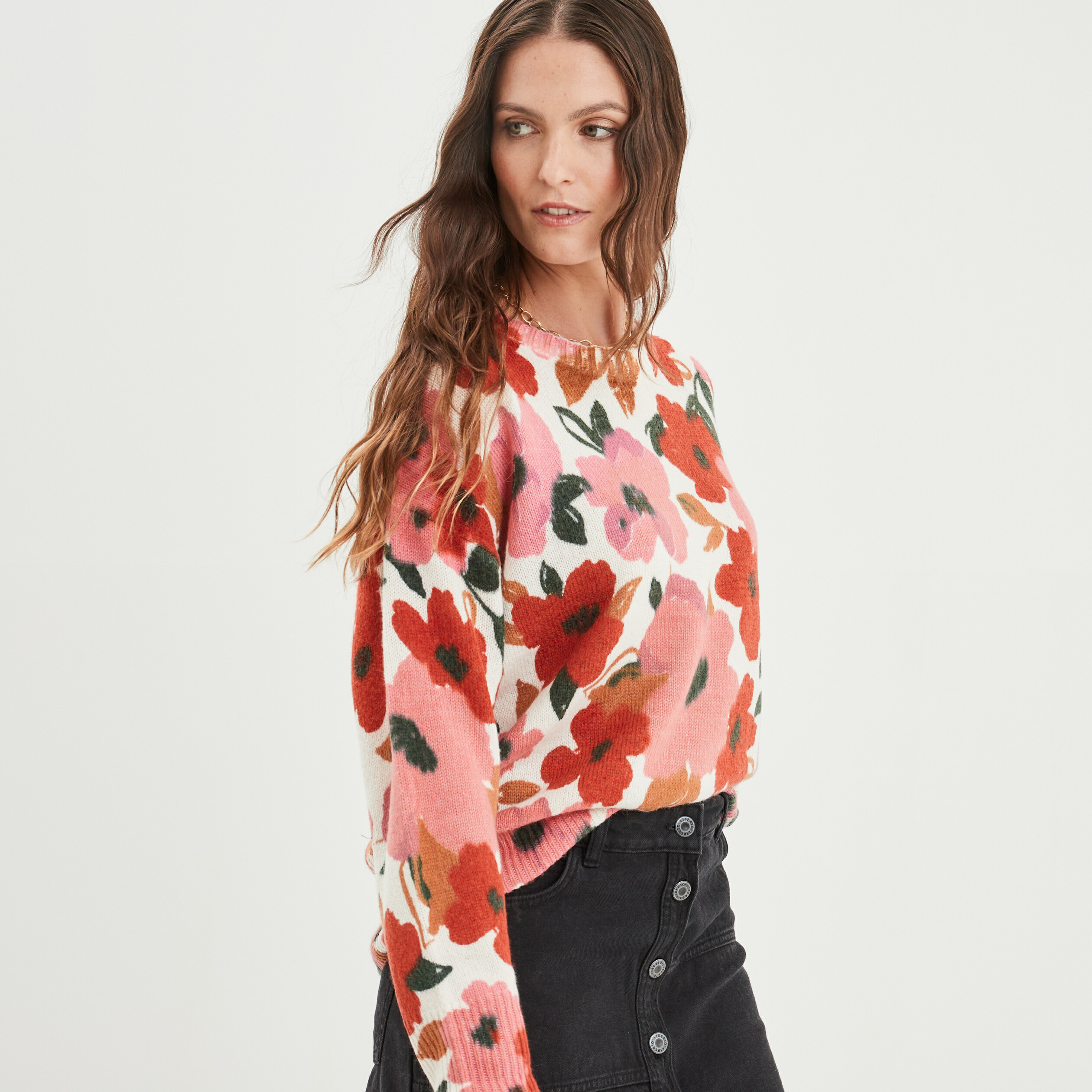 Pull col rond manches longues multicolore femme