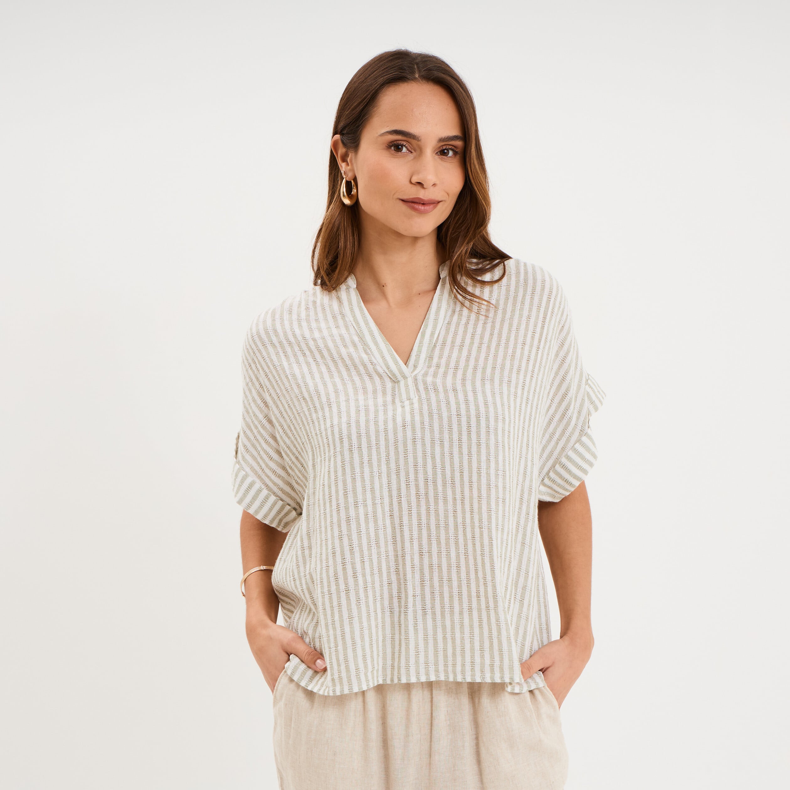 Blouse droite &agrave; manches courtes vert femme