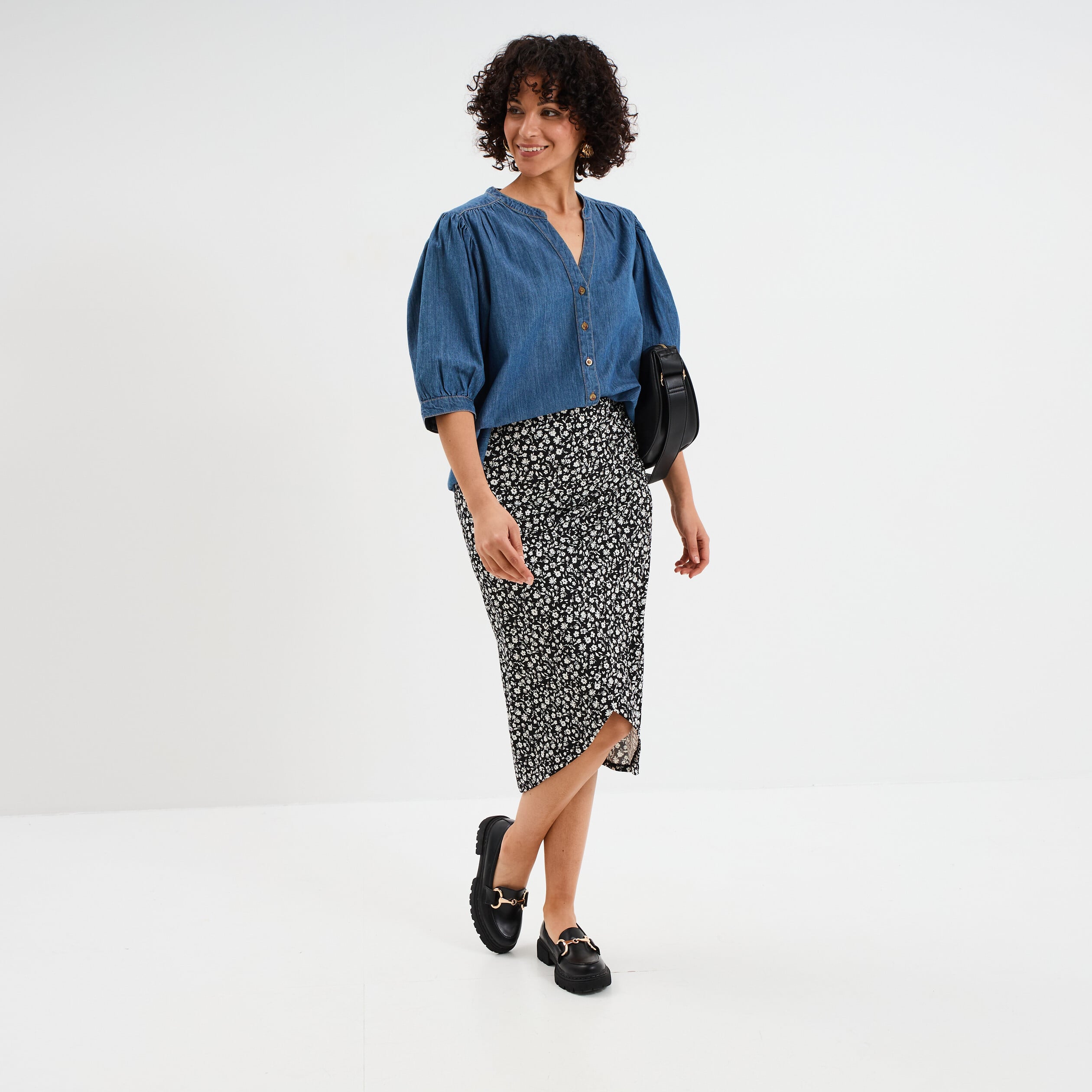 Blouse manches ballons en jean coton denim stone femme