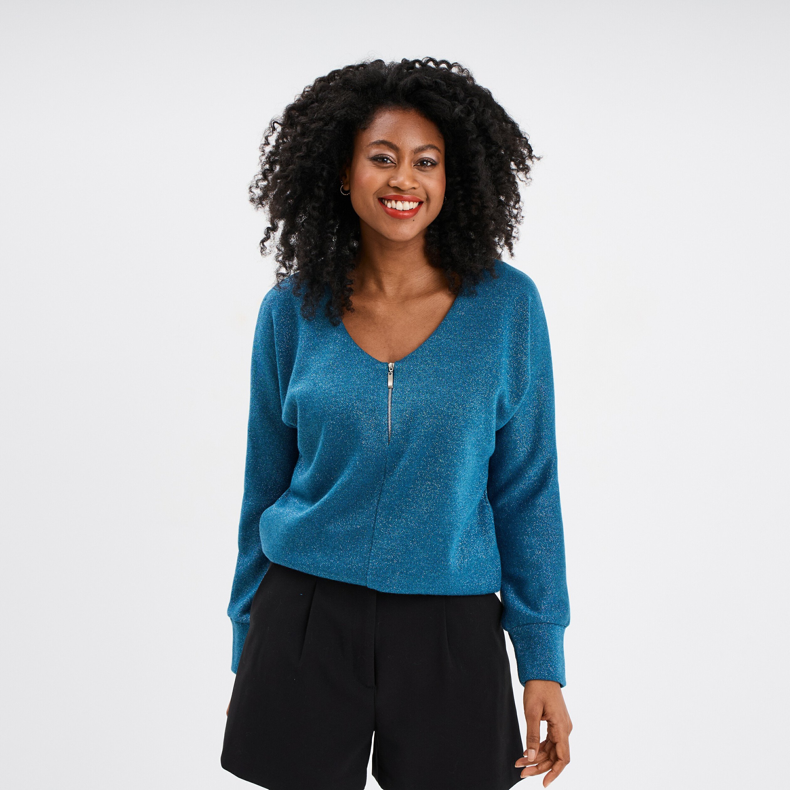 pull chauve souris col en v detail zippe bleu petrole femme Pull chauve-souris col en V détail zippé bleu pétrole femme