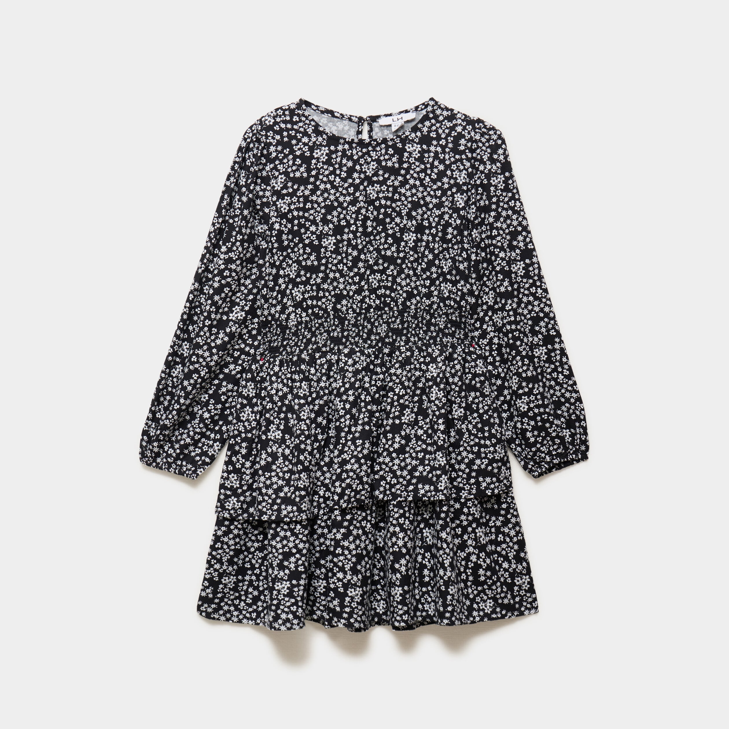 Robe courte patineuse &agrave; volants smock&eacute;e noir fille