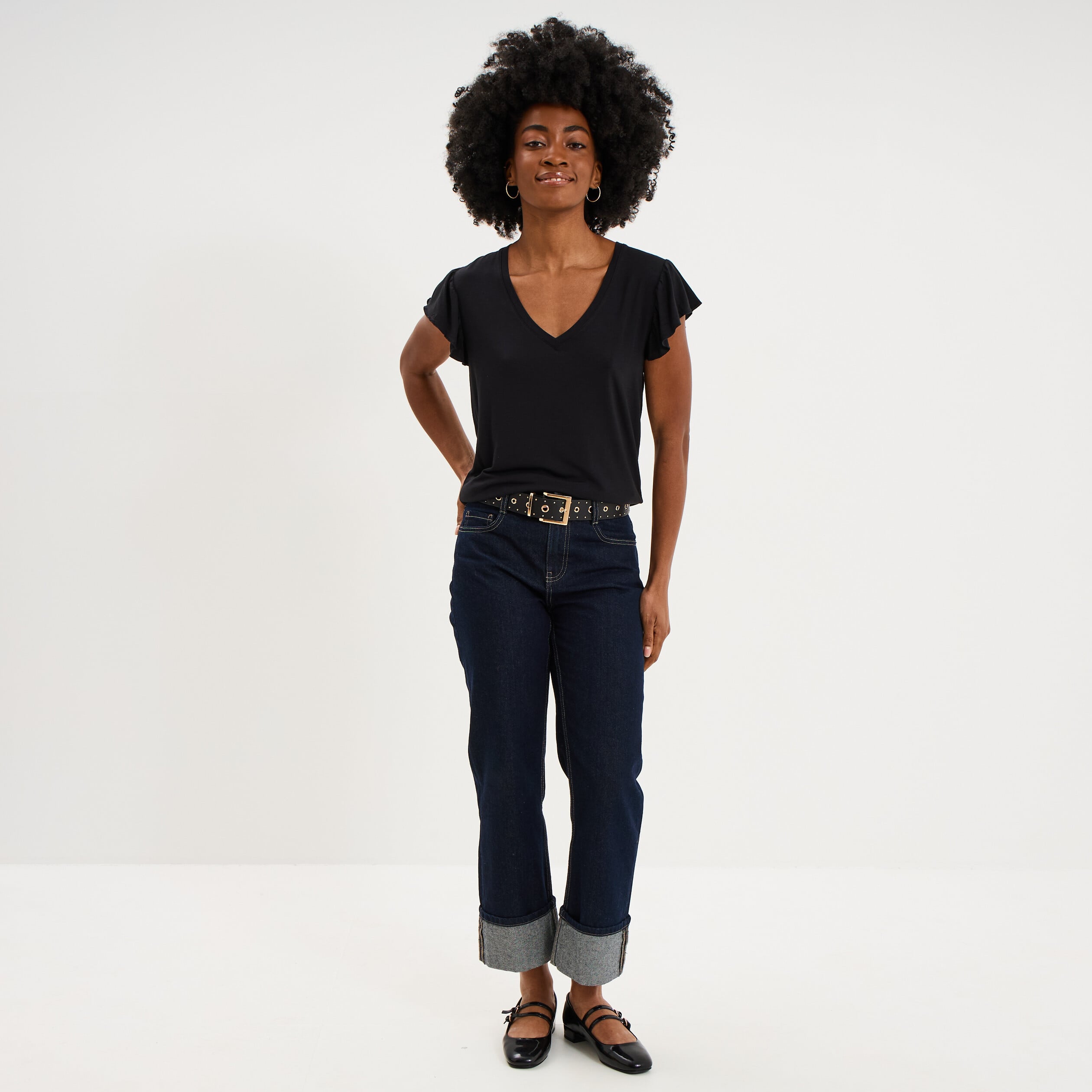 T-shirt droit manches courtes &agrave; volants noir femme