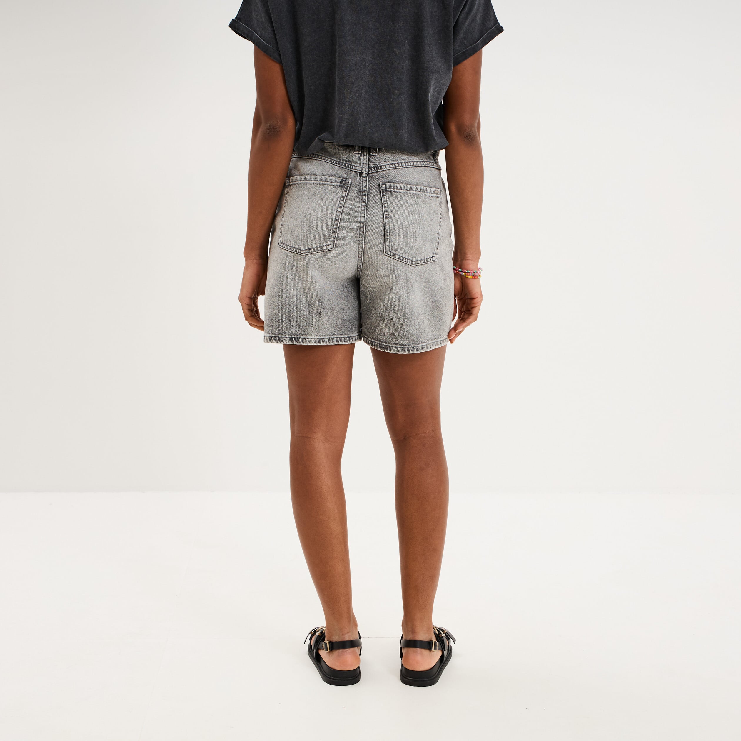 Short mom en jean 5 poches denim gris clair femme
