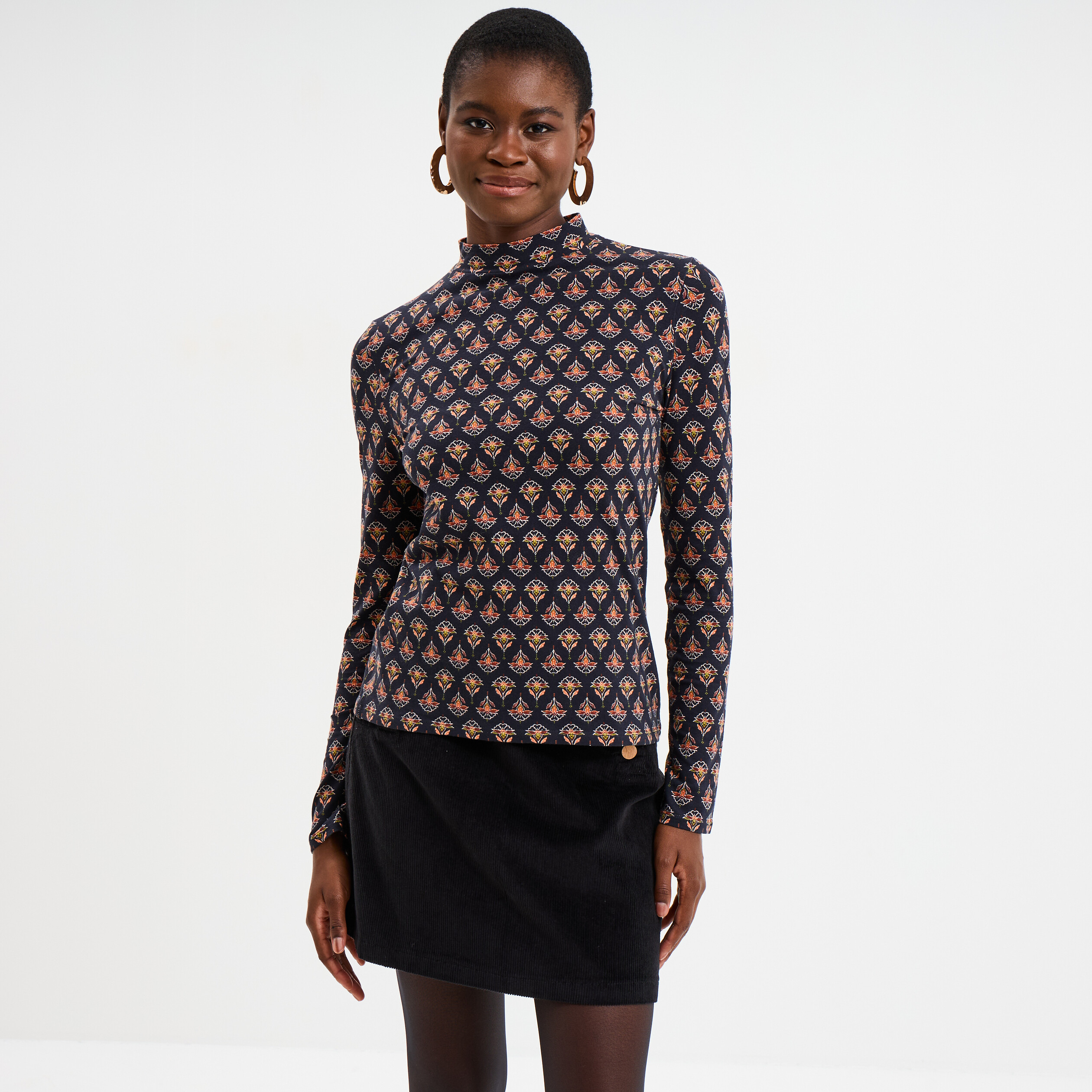 T-shirt Col Montant Coton Majoritaire Bleu Marine Femme | La Halle