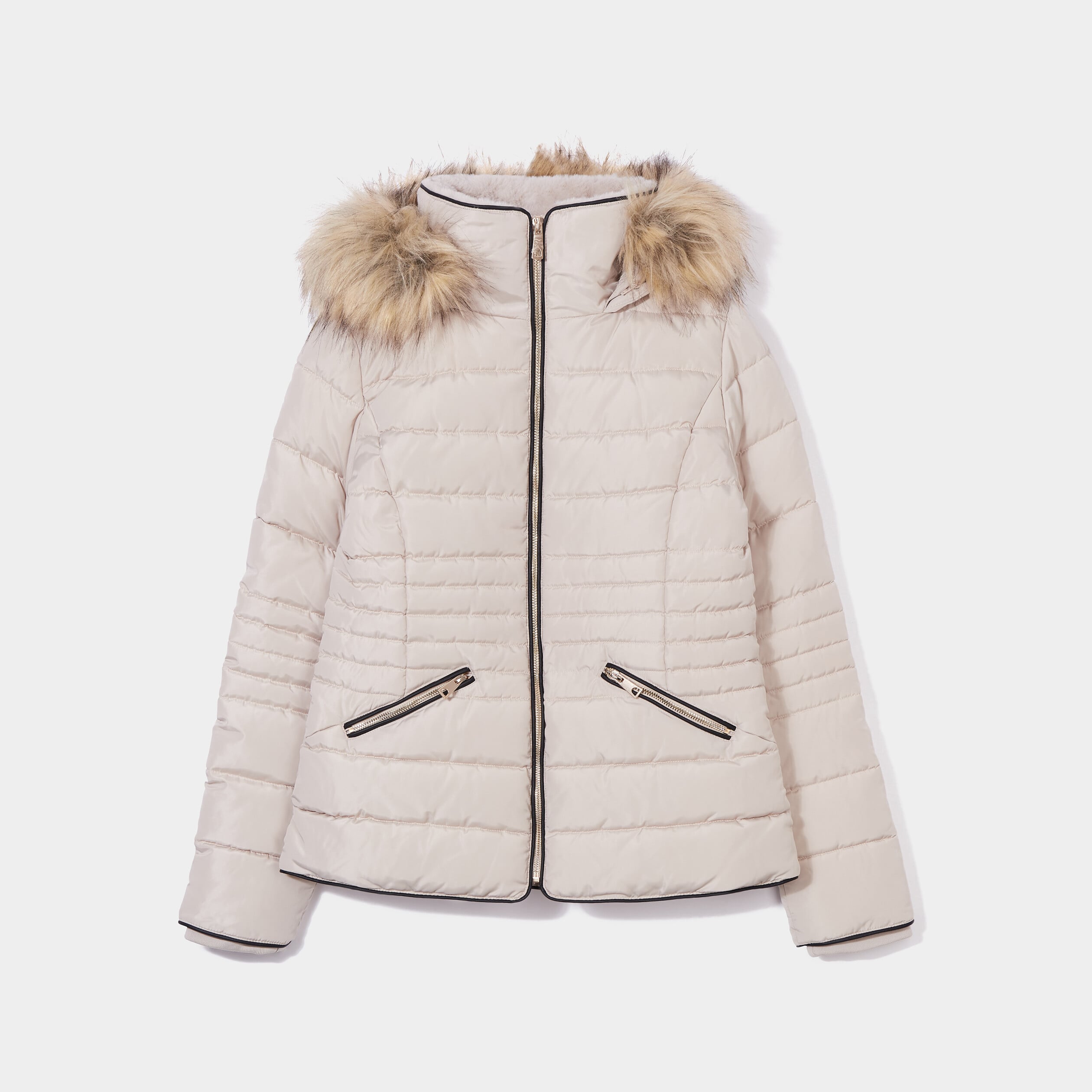 Doudoune courte cintr&eacute;e &agrave; capuche beige femme