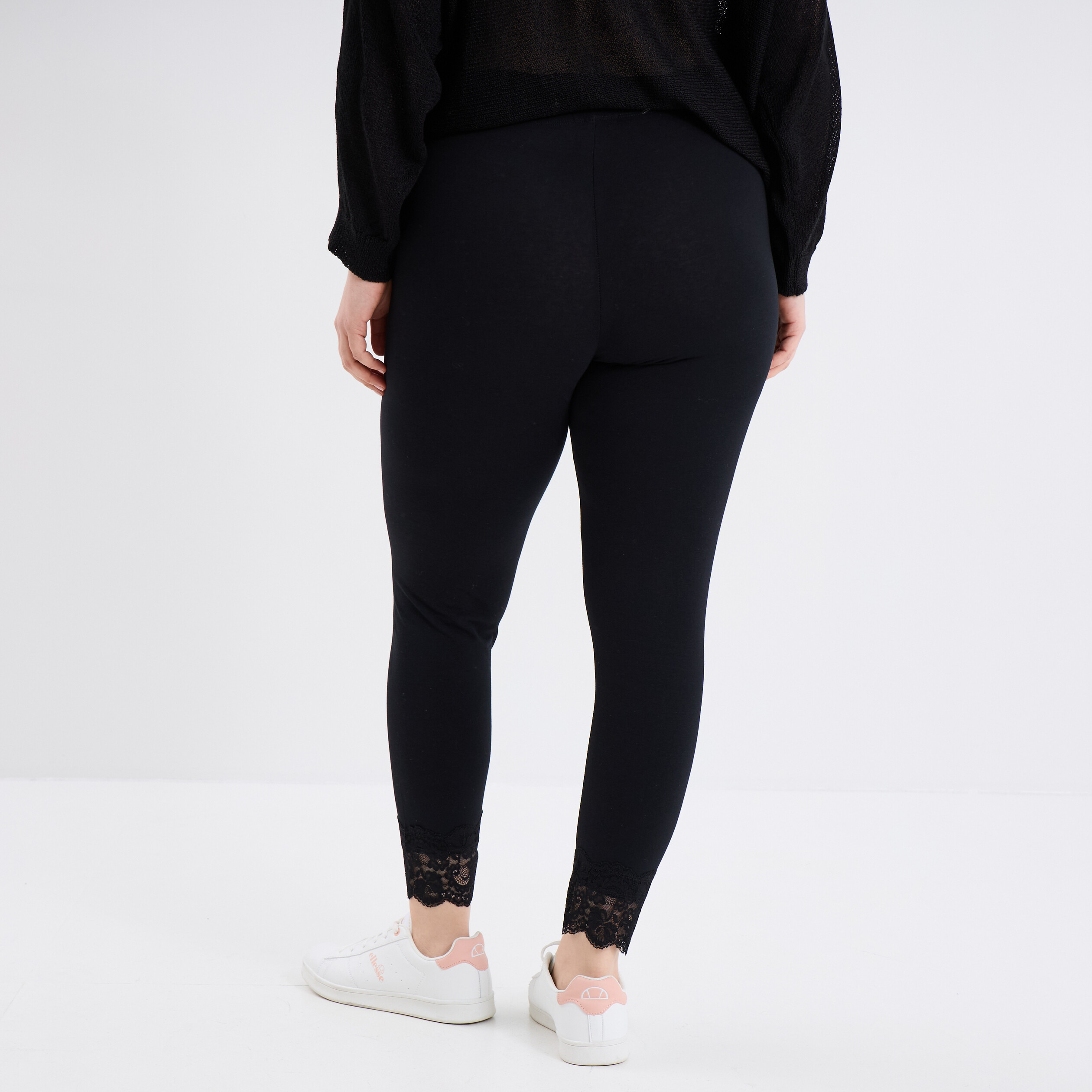 Legging cheville dentelle coton noir femme grande taille