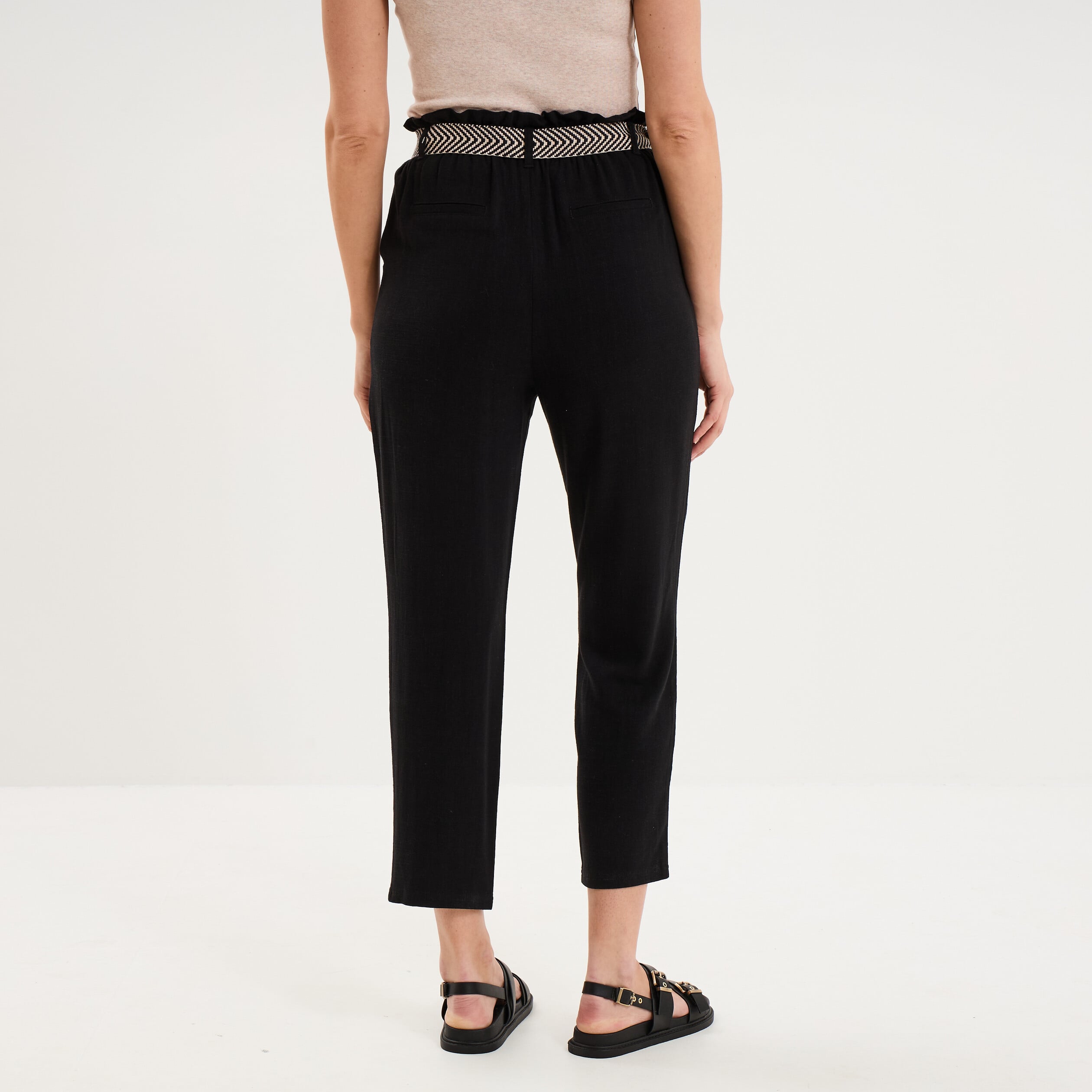 Pantalon paperbag &eacute;lastiqu&eacute; m&eacute;lange lin noir femme