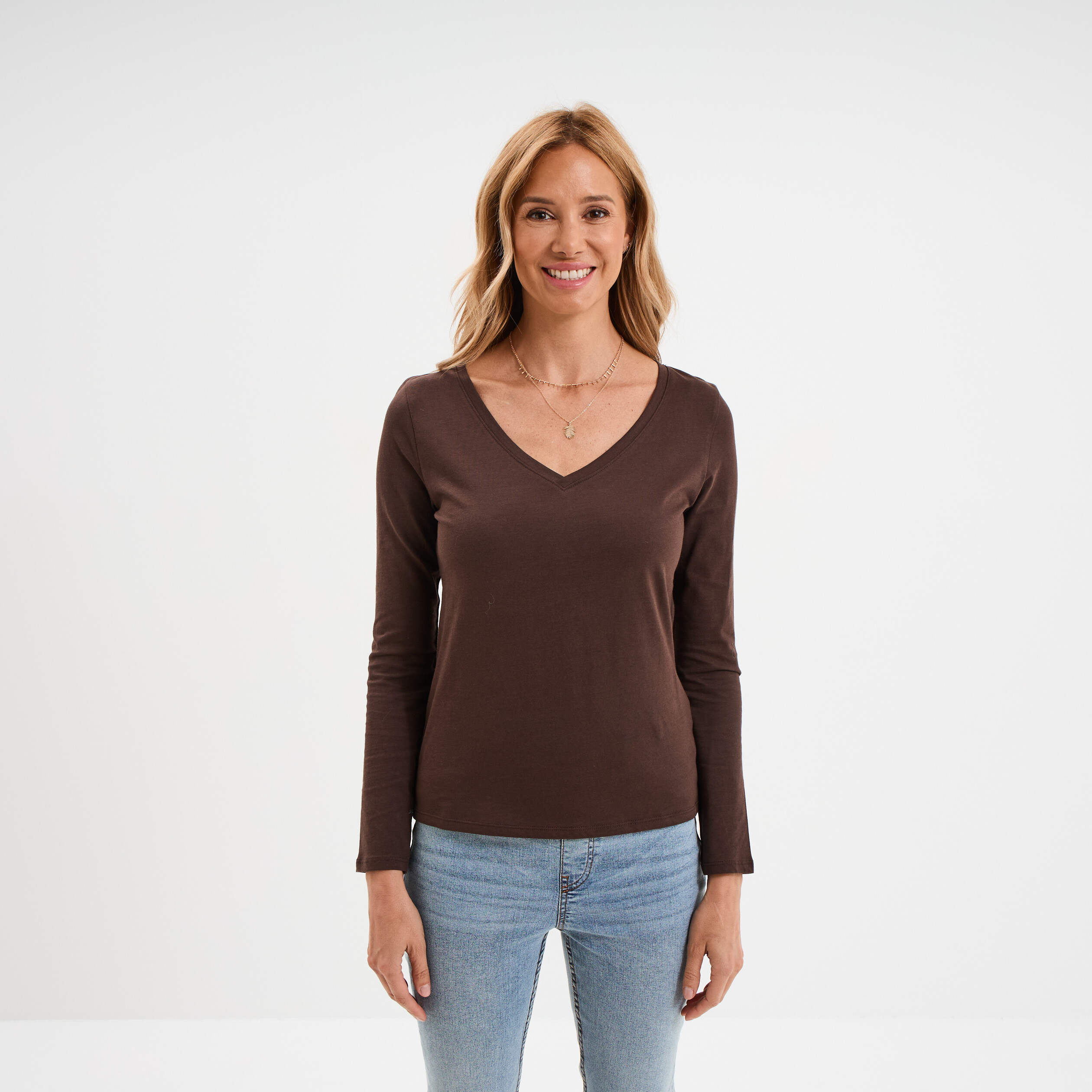 t shirt col en v manches longues coton marron fonce femme T-shirt col en V manches longues coton marron foncé femme