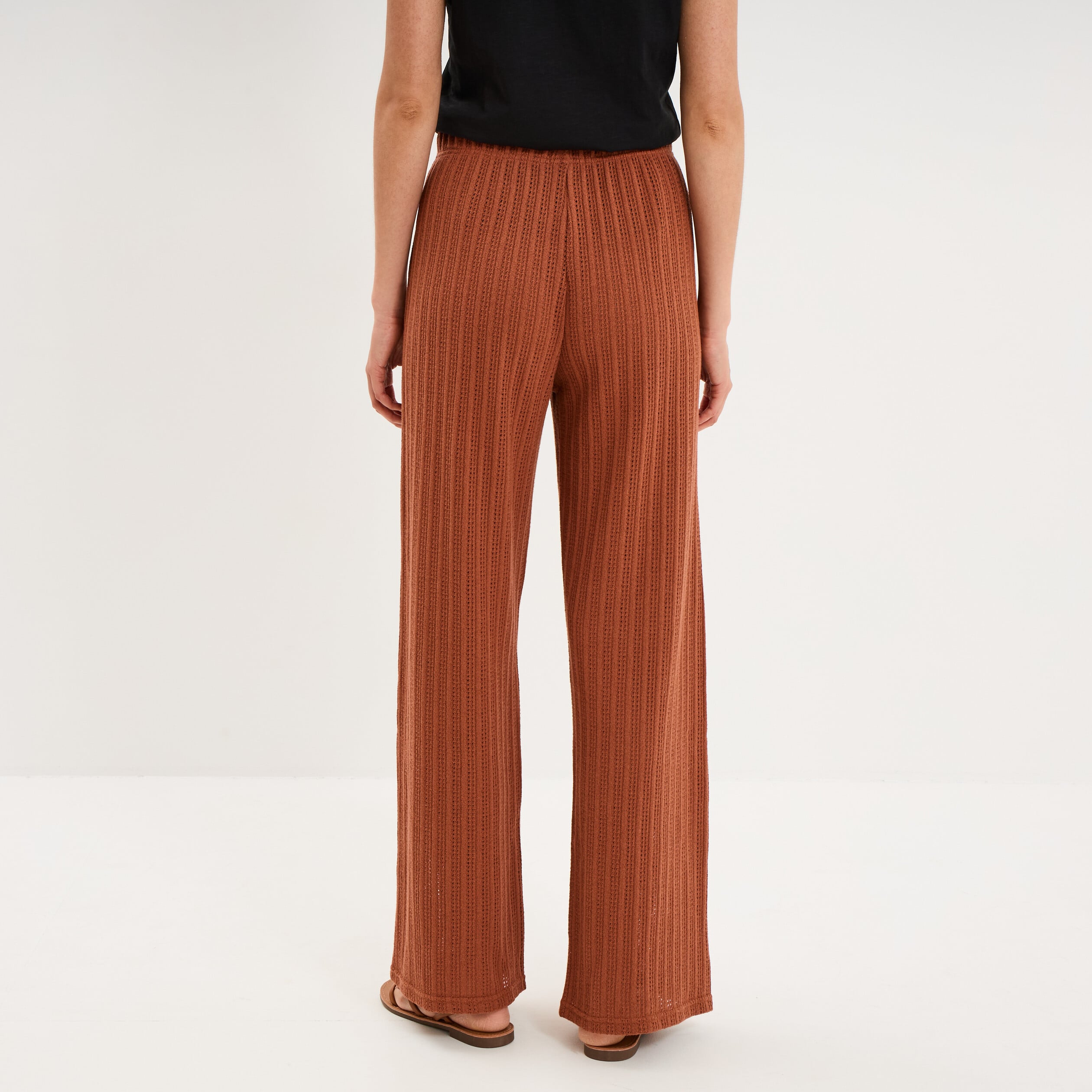 Pantalon large effet crochet &eacute;lastiqu&eacute; camel femme