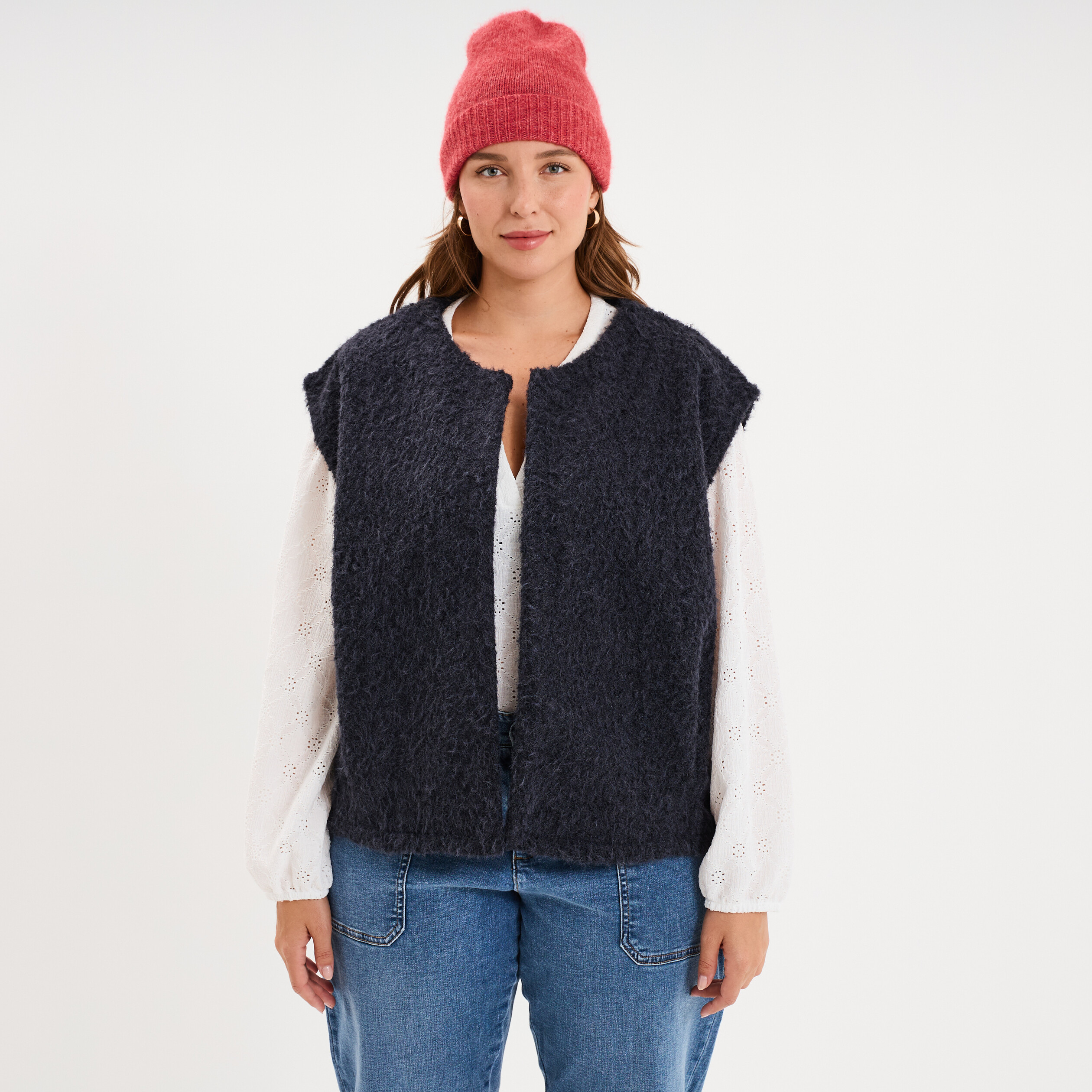 Veste droite sans manches bouclette bleu marine femme grande taille