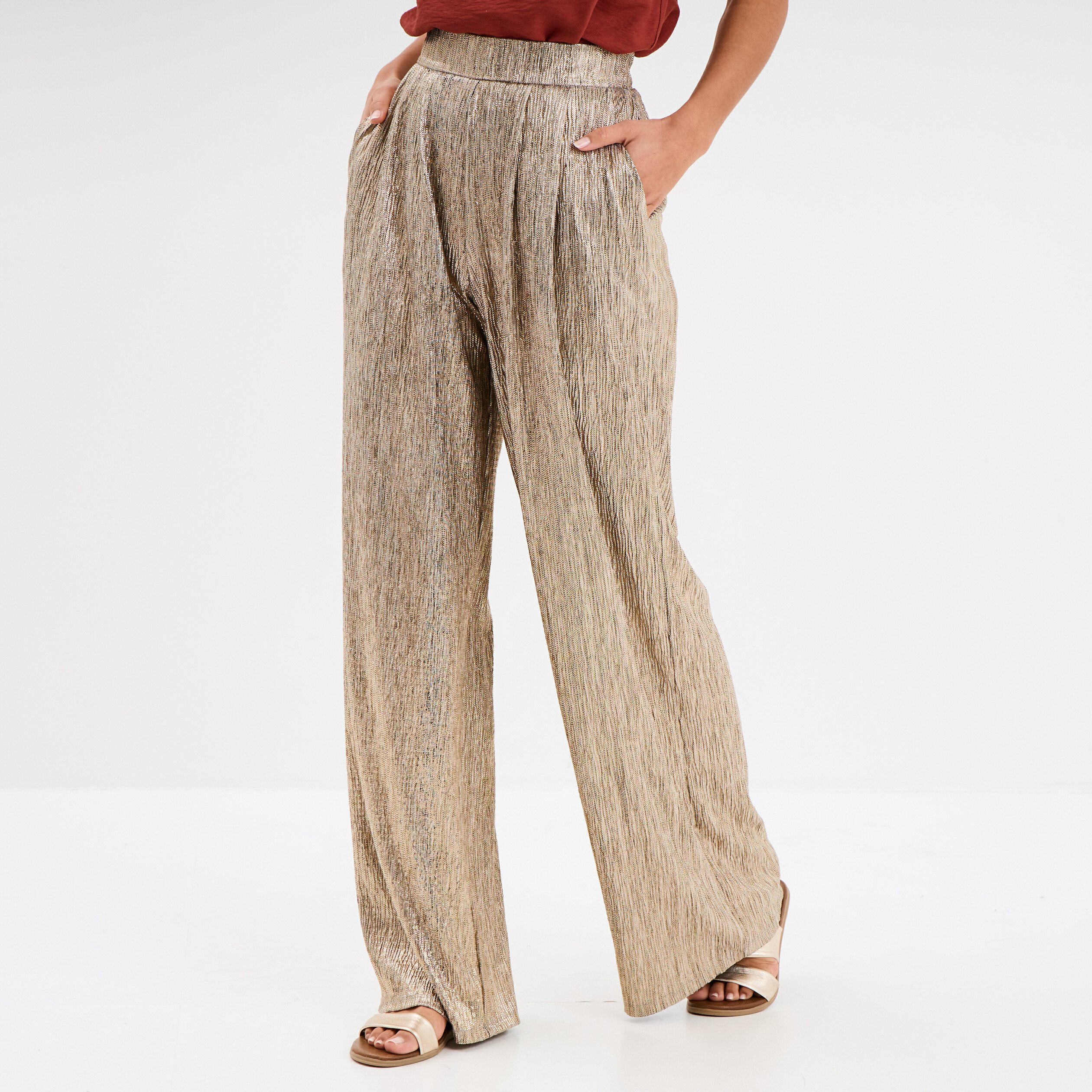 pantalon fluide large jaune or femme Pantalon fluide large jaune or femme