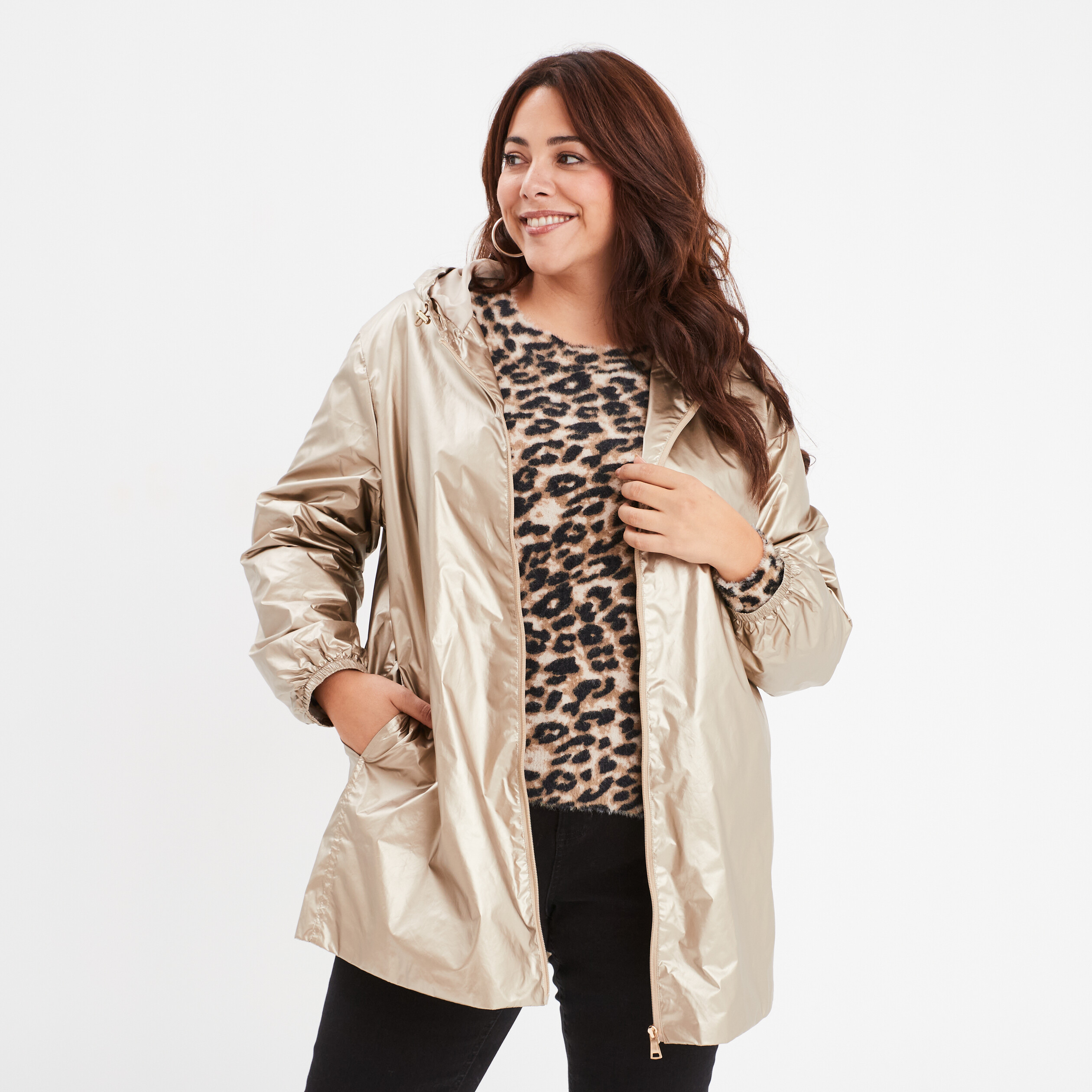 Parka metallisee mi longue a capuche jaune or femme grande taille La Halle