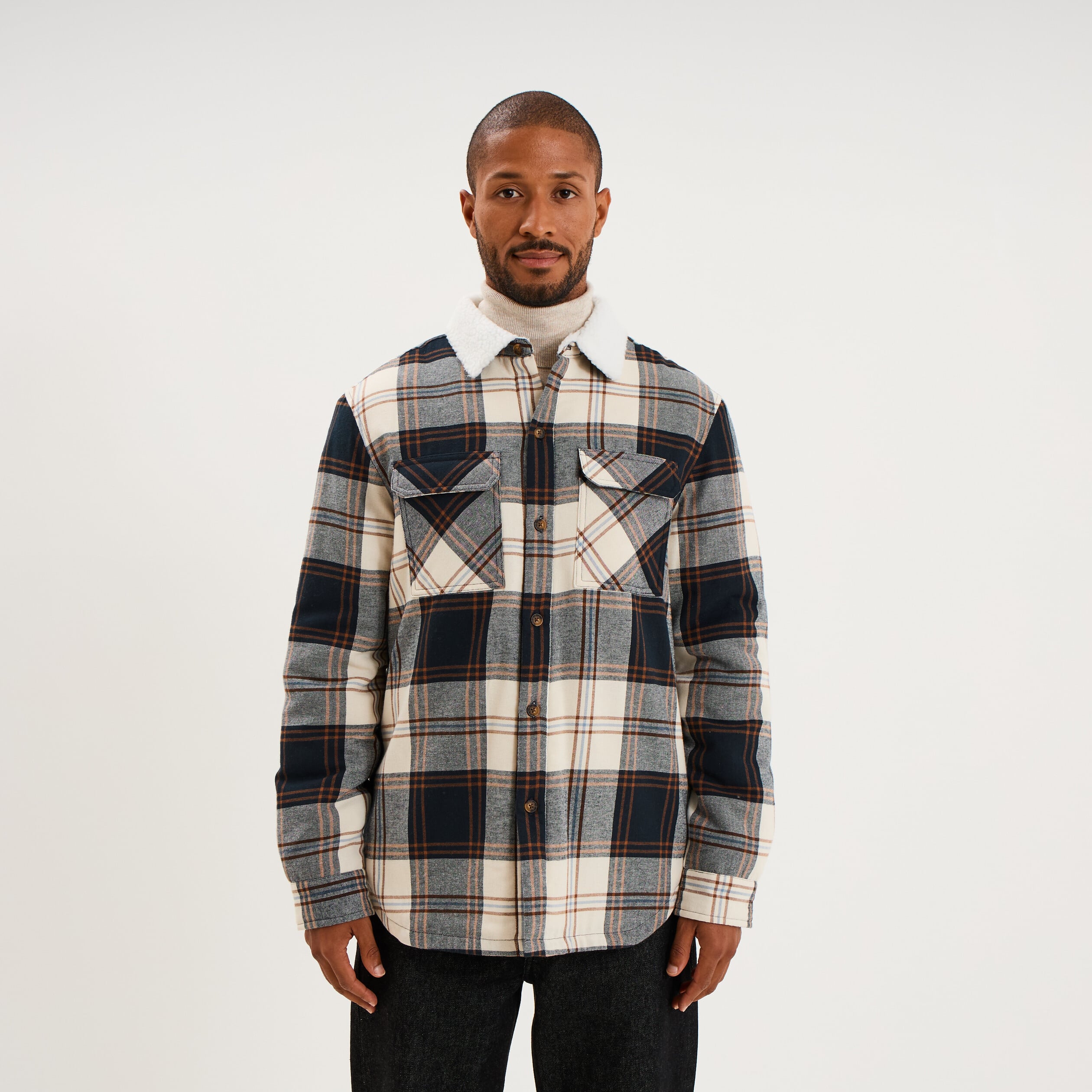 Surchemise carreaux doubl&eacute;e effet sherpa ecru homme