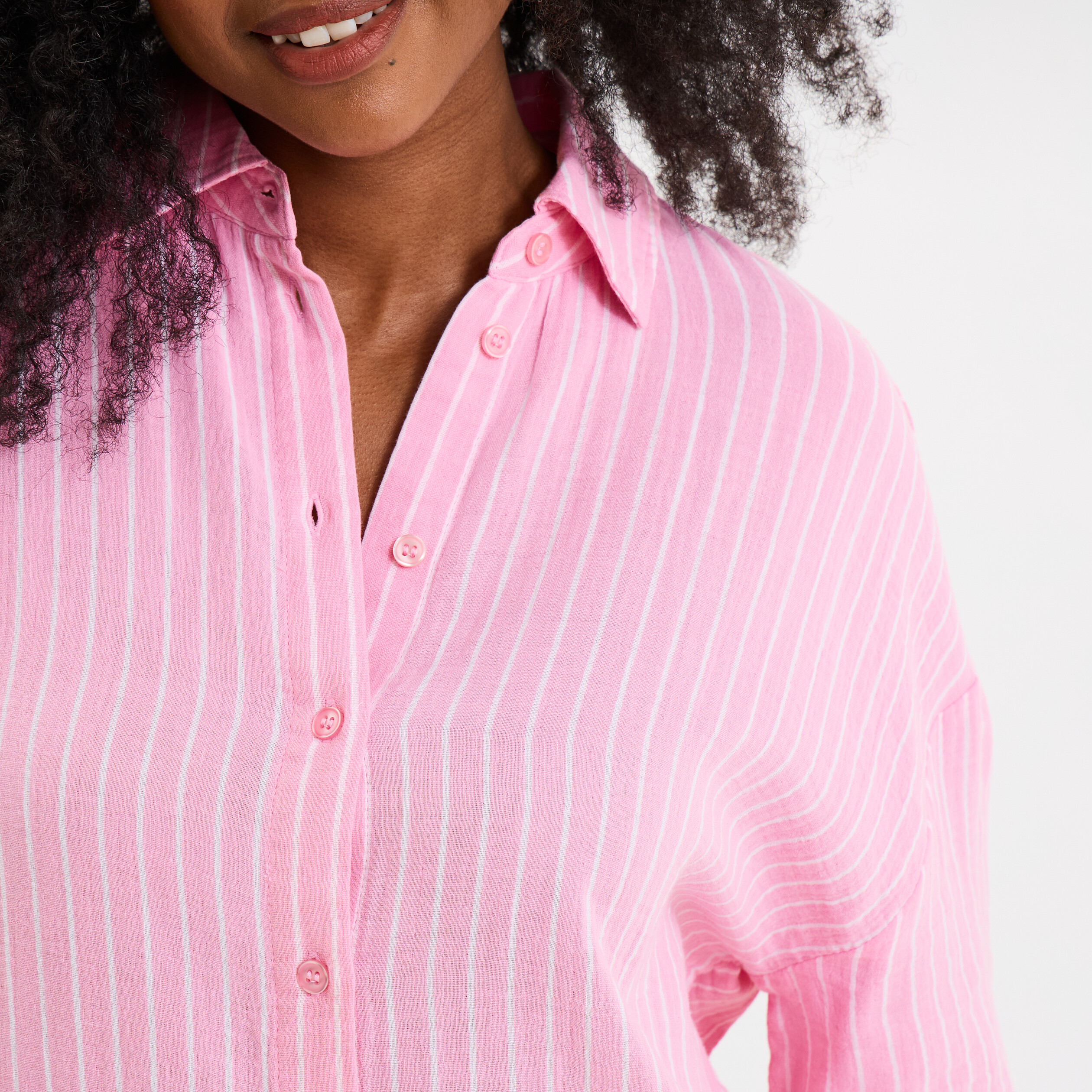 robe chemise manches 34 gaze de coton rose vif femme Robe chemise manches 3/4 gaze de coton rose vif femme