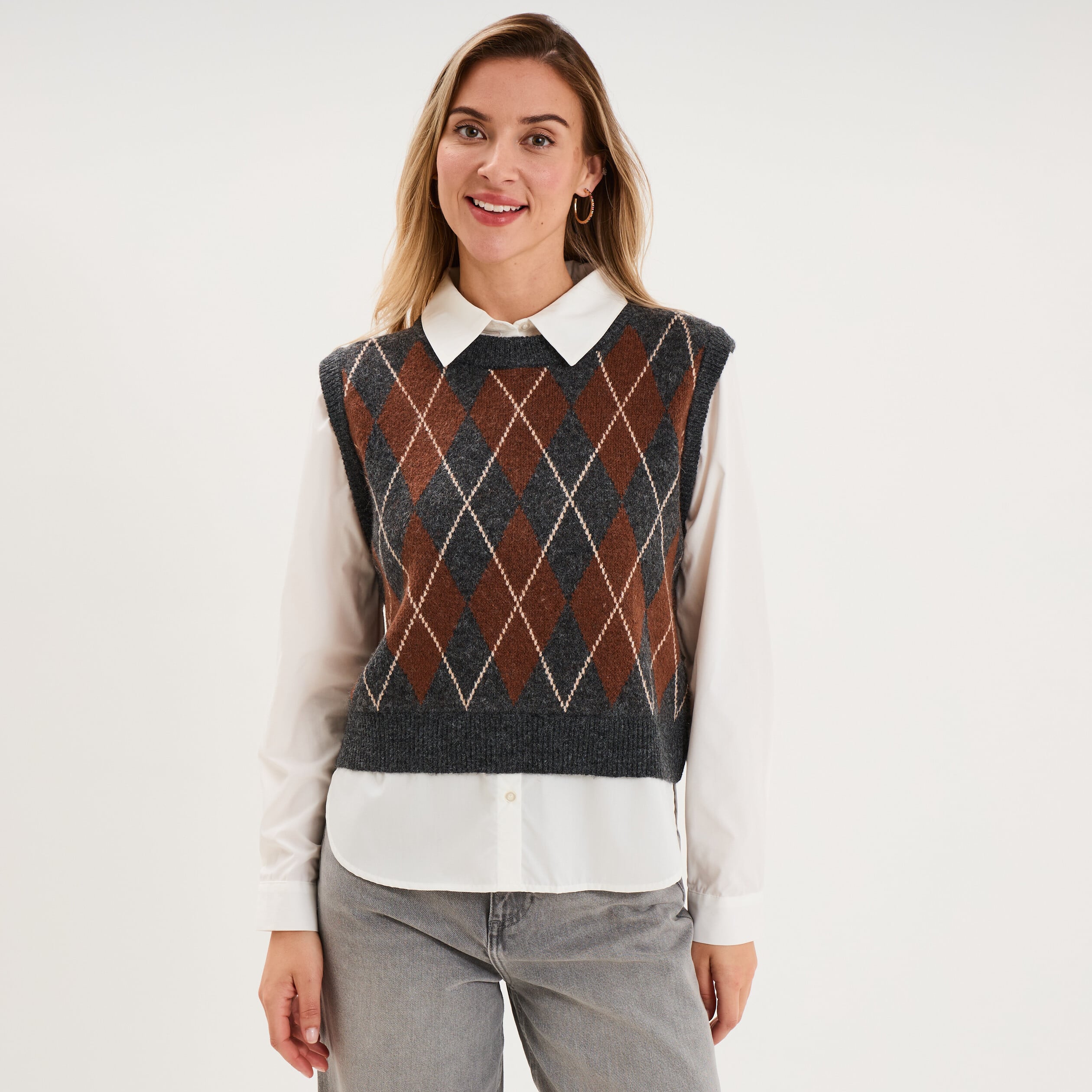 Pull 2-en-1 col chemise gris anthracite femme