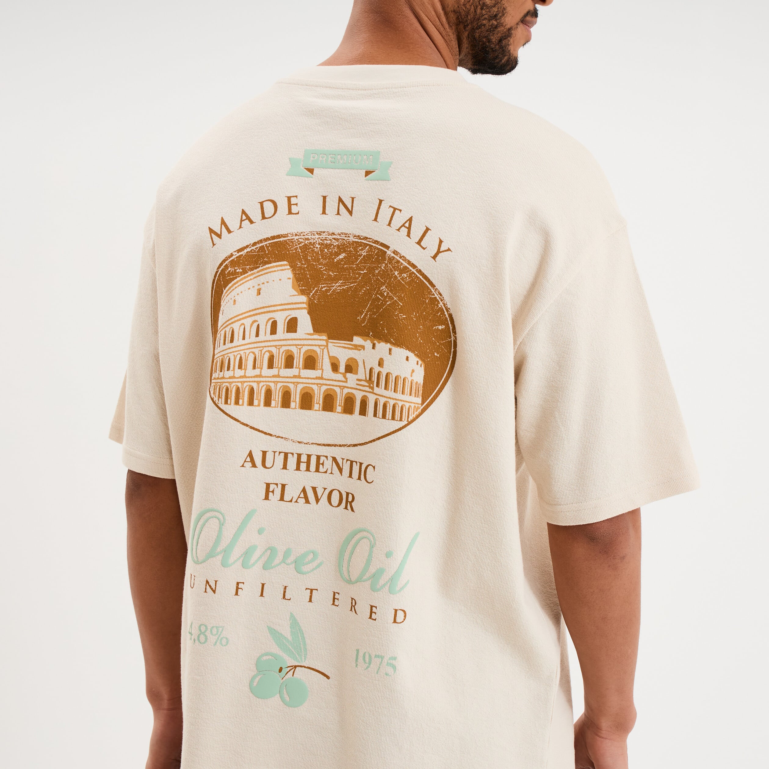 T-shirt coton &eacute;pais textur&eacute; col rond ecru homme
