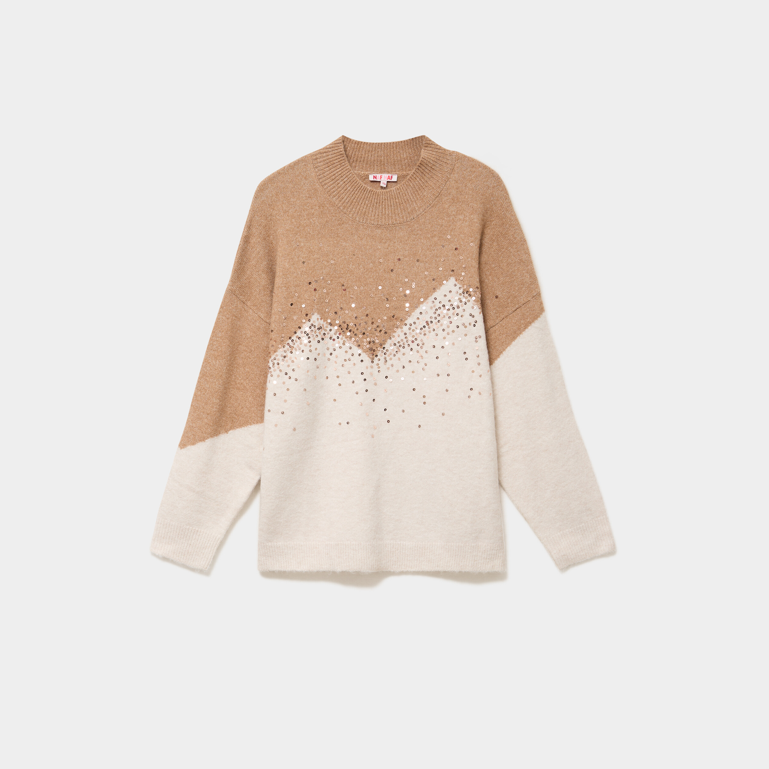 Pull col montant &agrave; sequins oversize beige femme grande taille