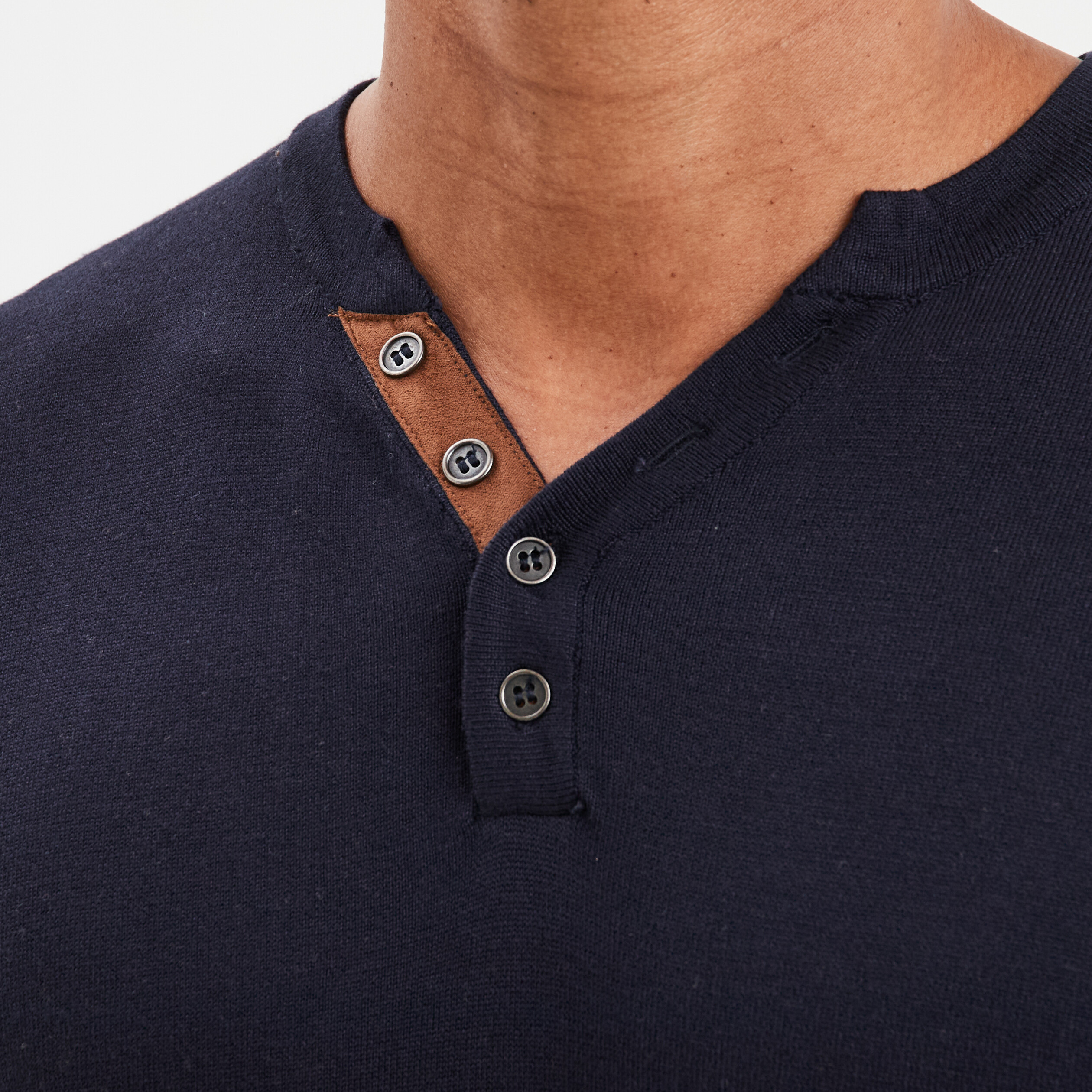 Pull col tunisien manches longues bleu marine homme