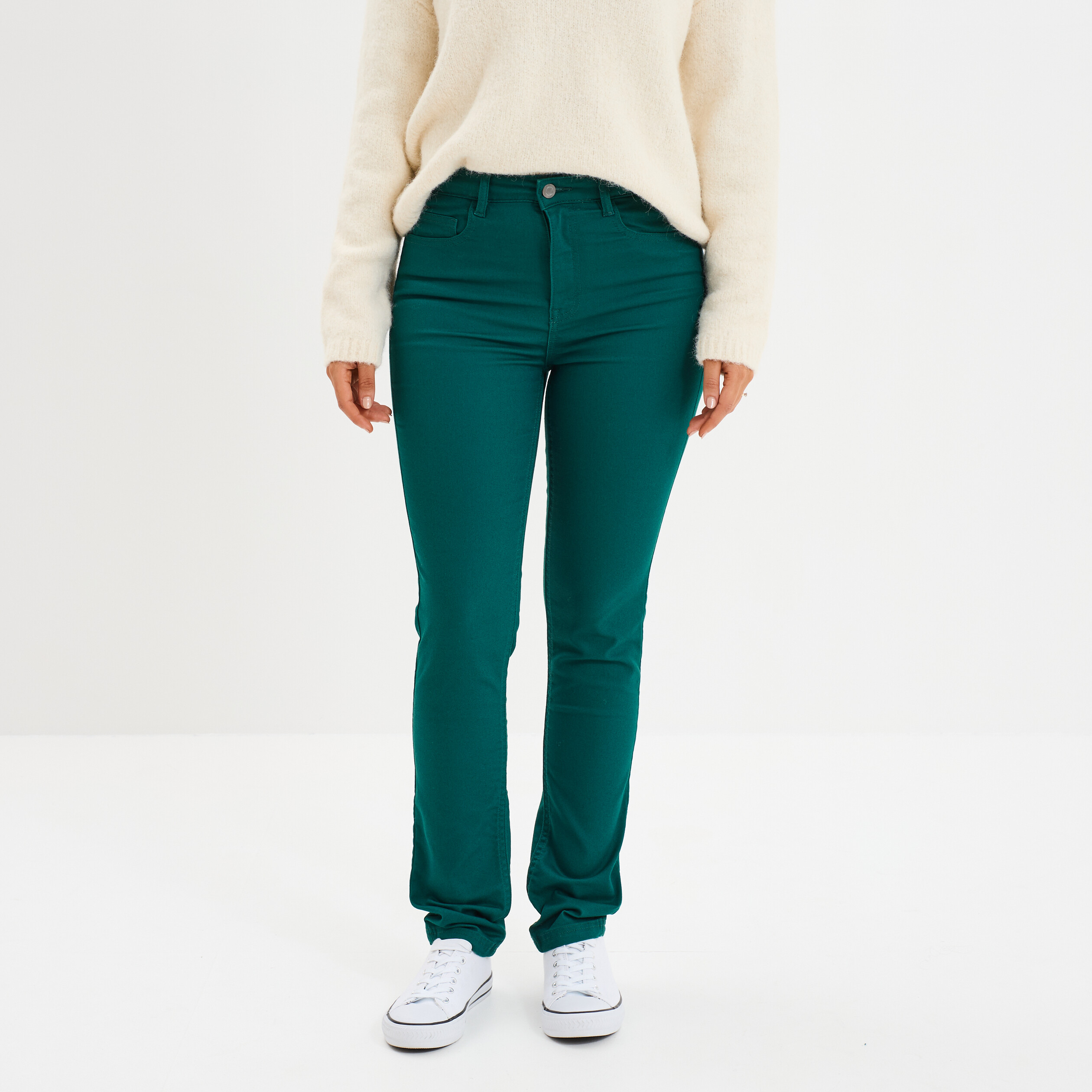 Pantalon slim stretch vert fonc&eacute; femme