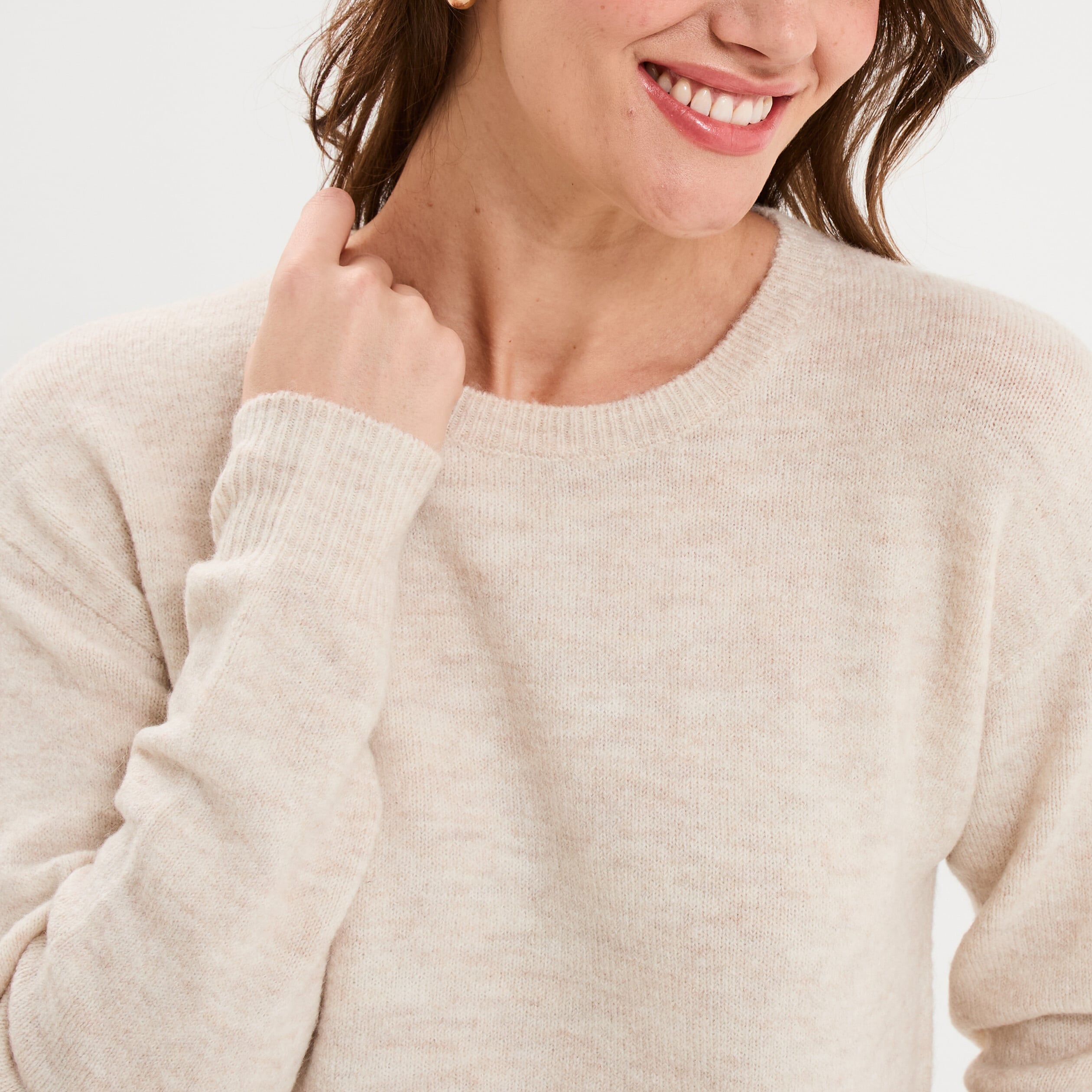 Pull col rond manches longues ecru femme