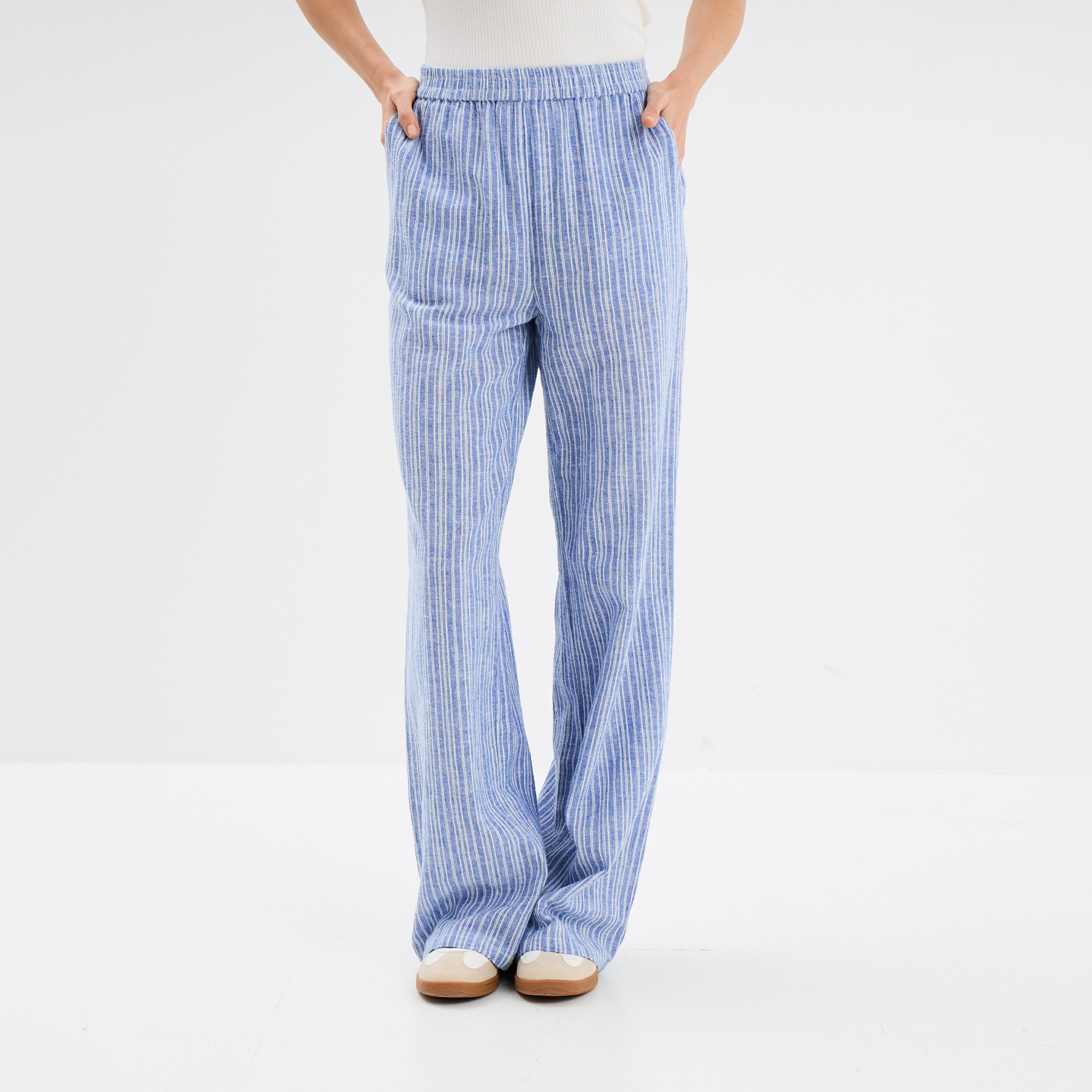 pantalon large taille elastiquee bleu femme Pantalon large taille élastiquée bleu femme
