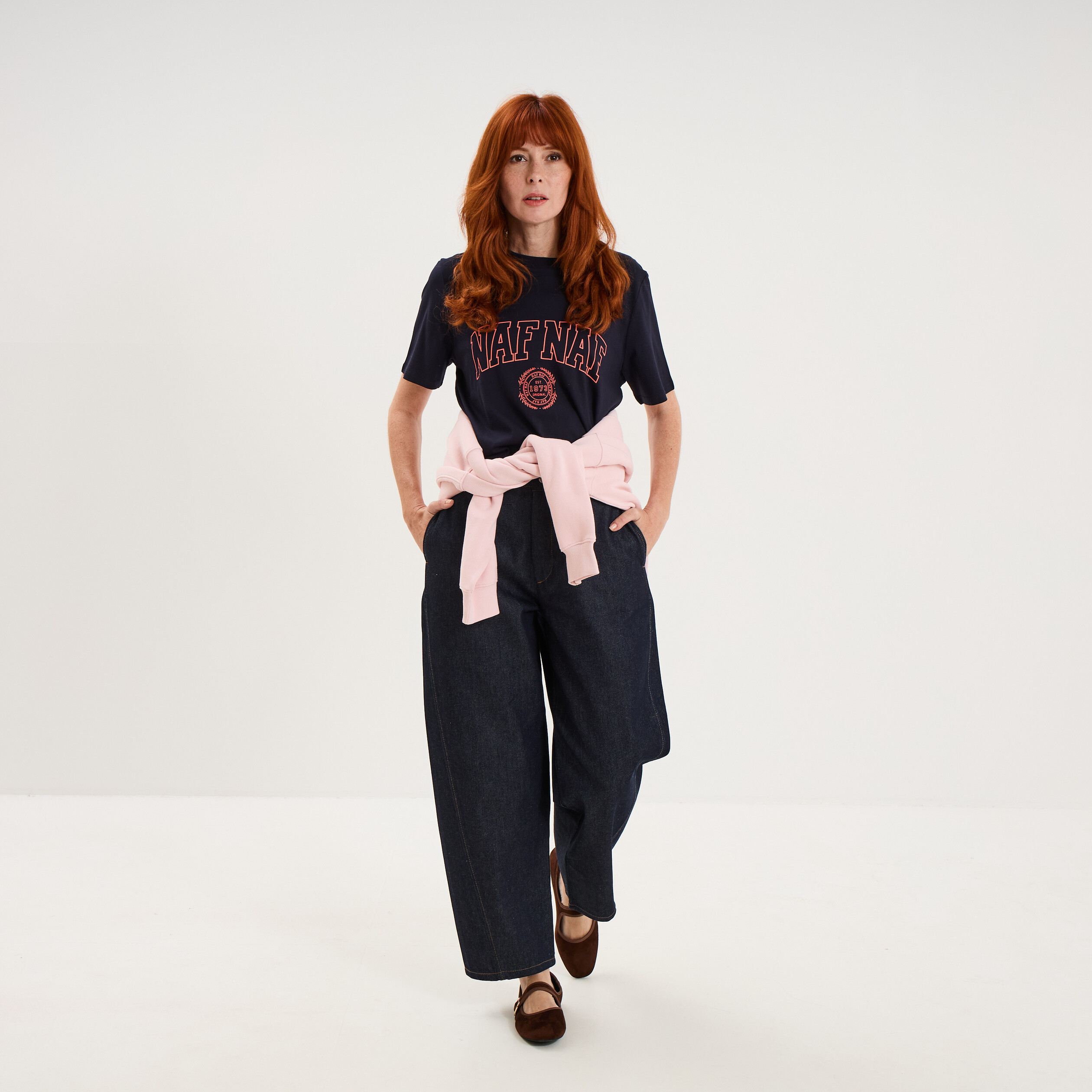 T-shirt col rond manches courtes print bleu fonc&eacute; femme