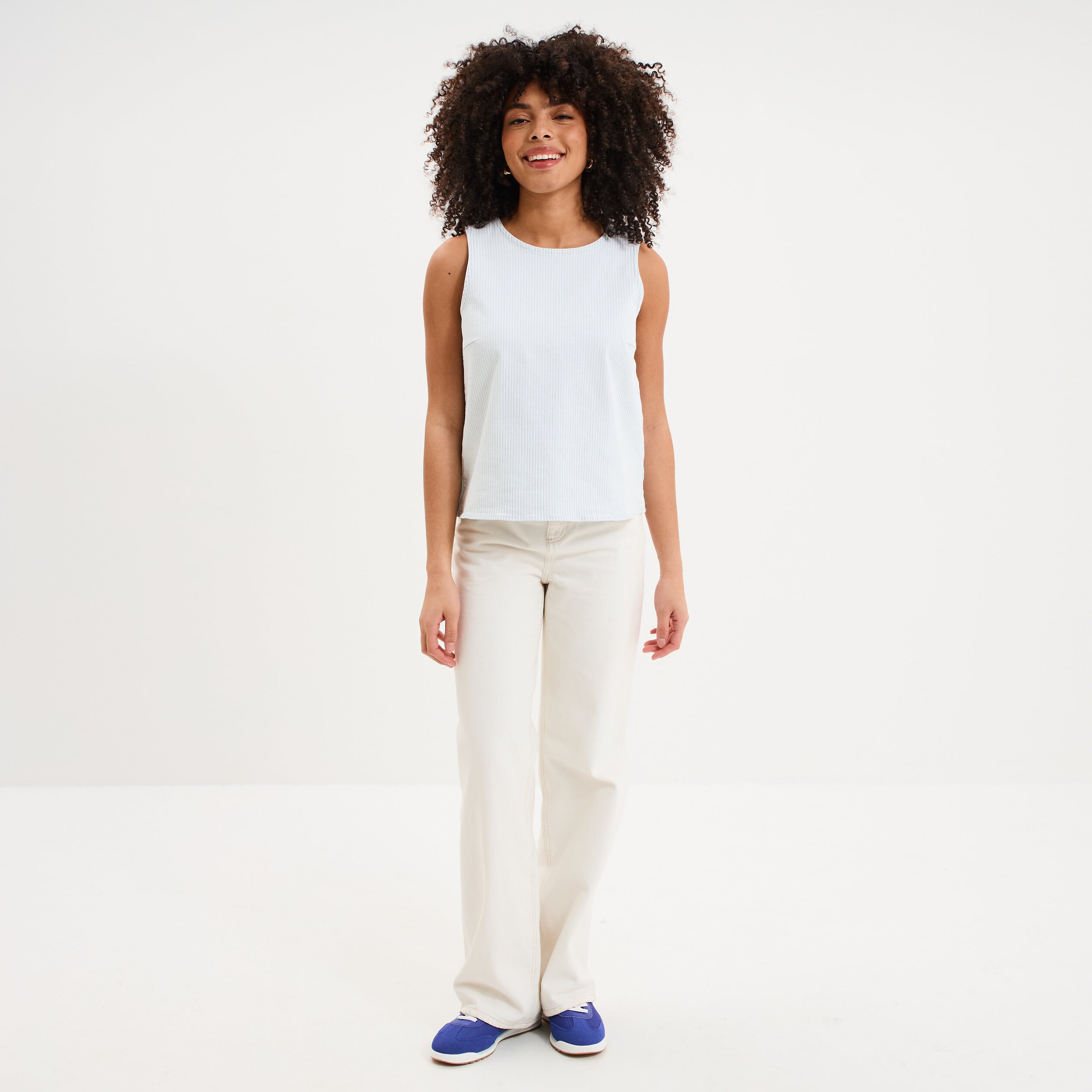 Blouse courte sans manches droite coton blanc femme