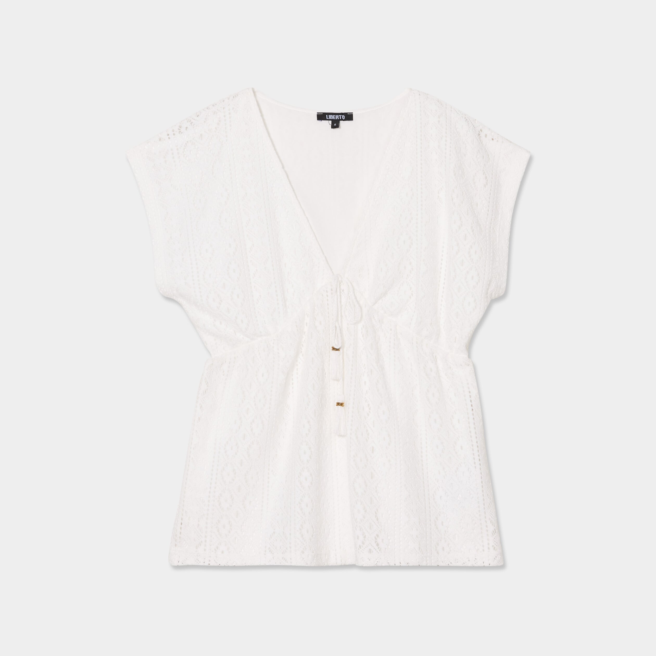 T-shirt dentelle col en V noeud blanc femme