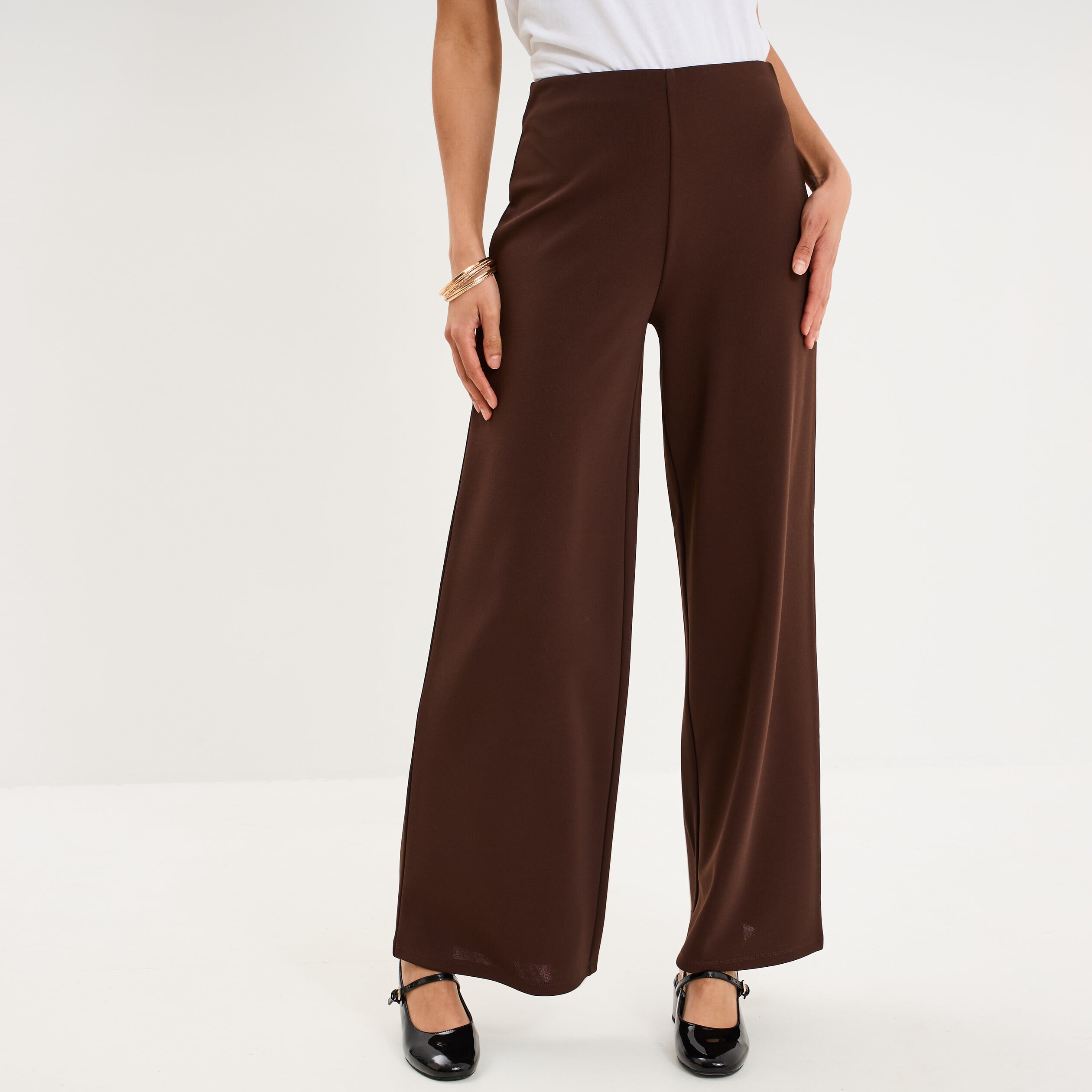 Pantalon large fluide taille haute marron fonc&eacute; femme