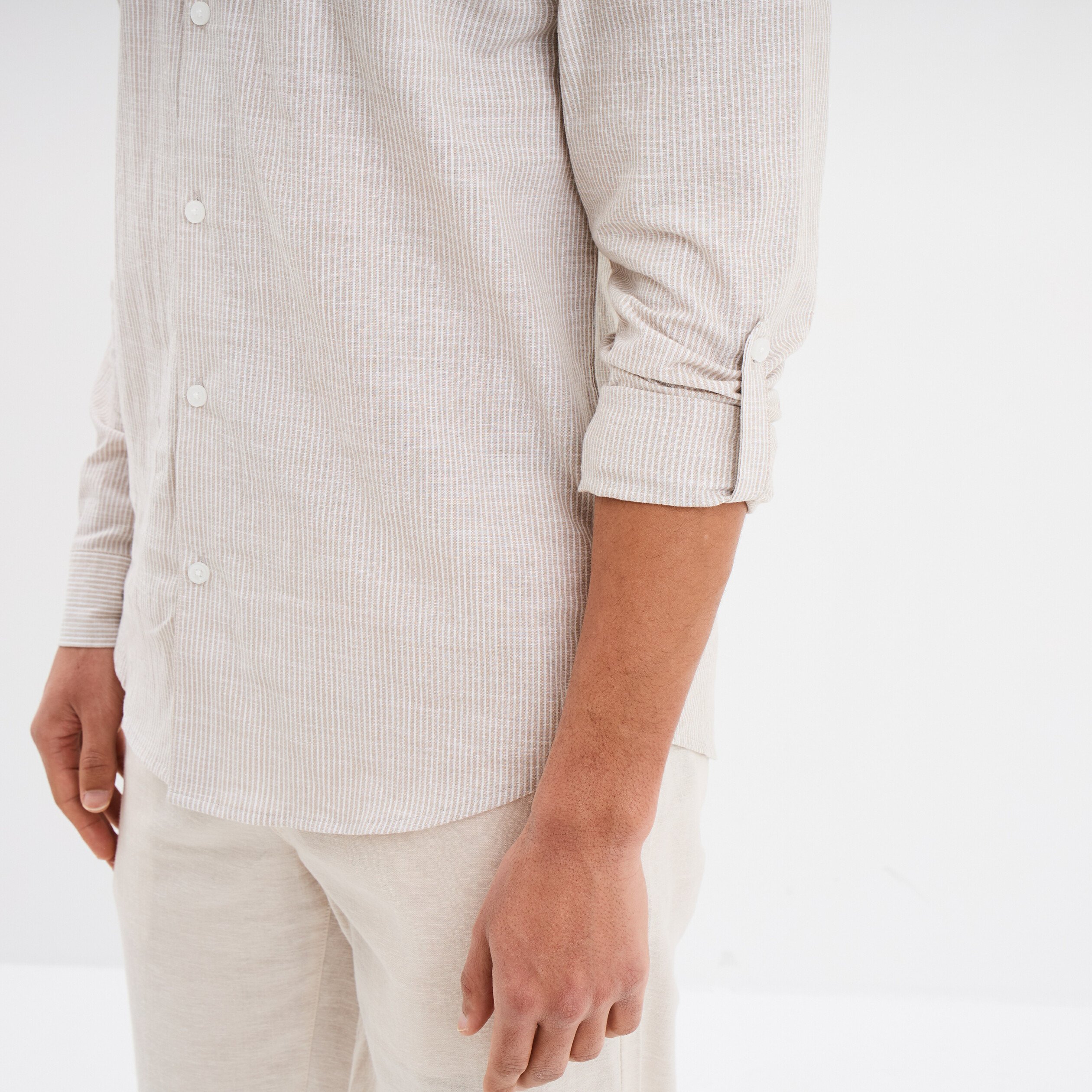 chemise col mao manches longues coton beige homme Chemise col mao manches longues coton beige homme