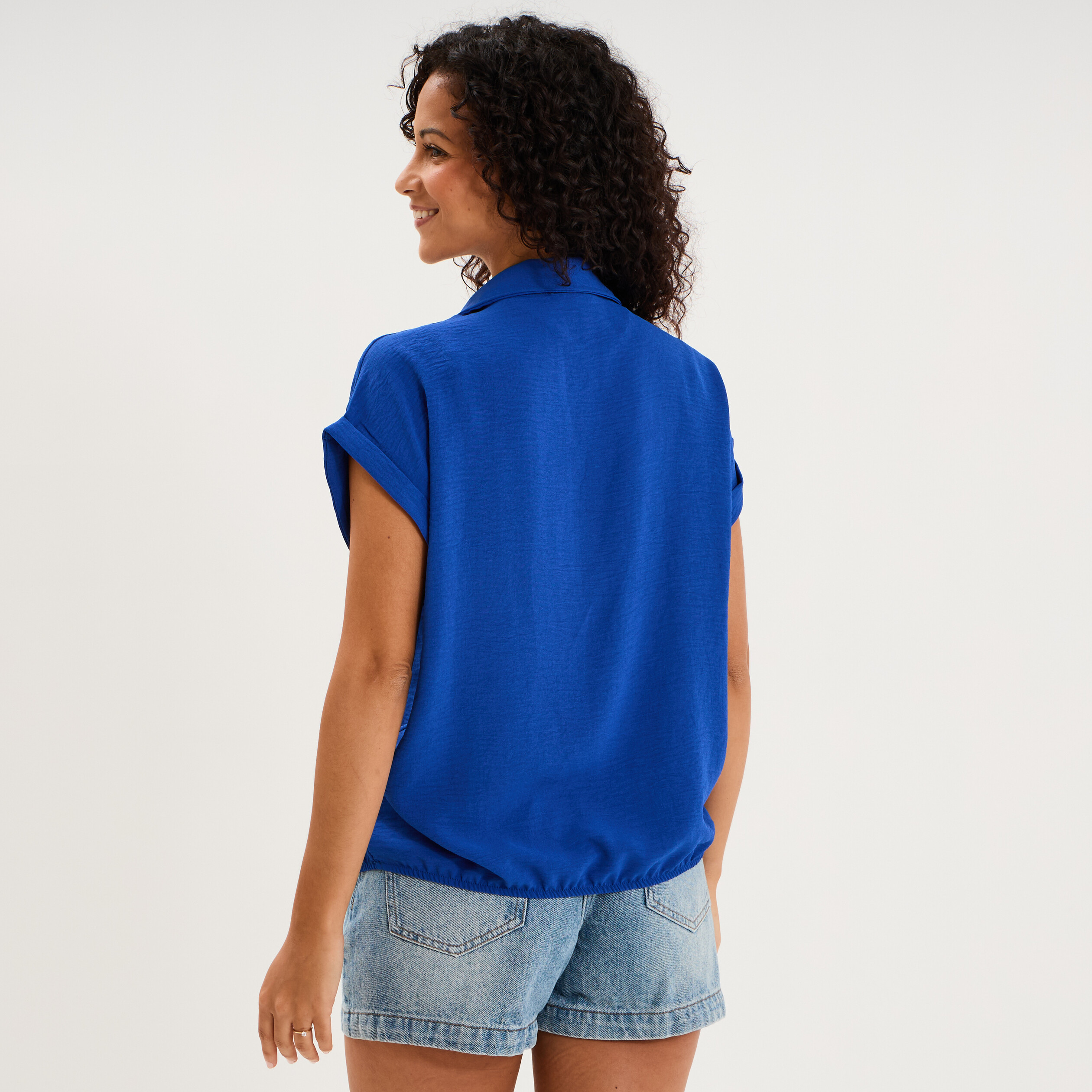 Blouse manches courtes effet boule bleu electrique femme