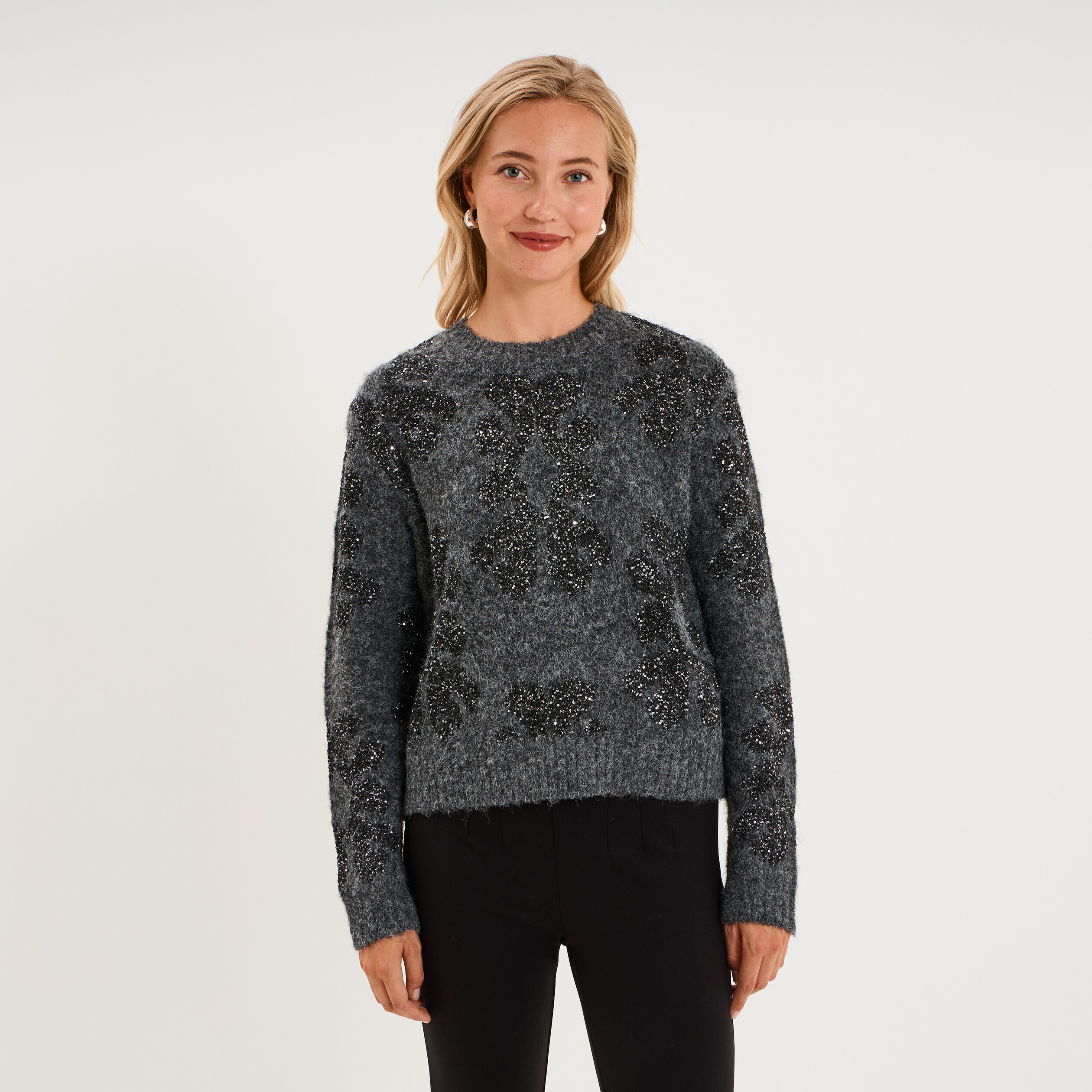 Pull &agrave; sequins et col rond gris fonc&eacute; femme