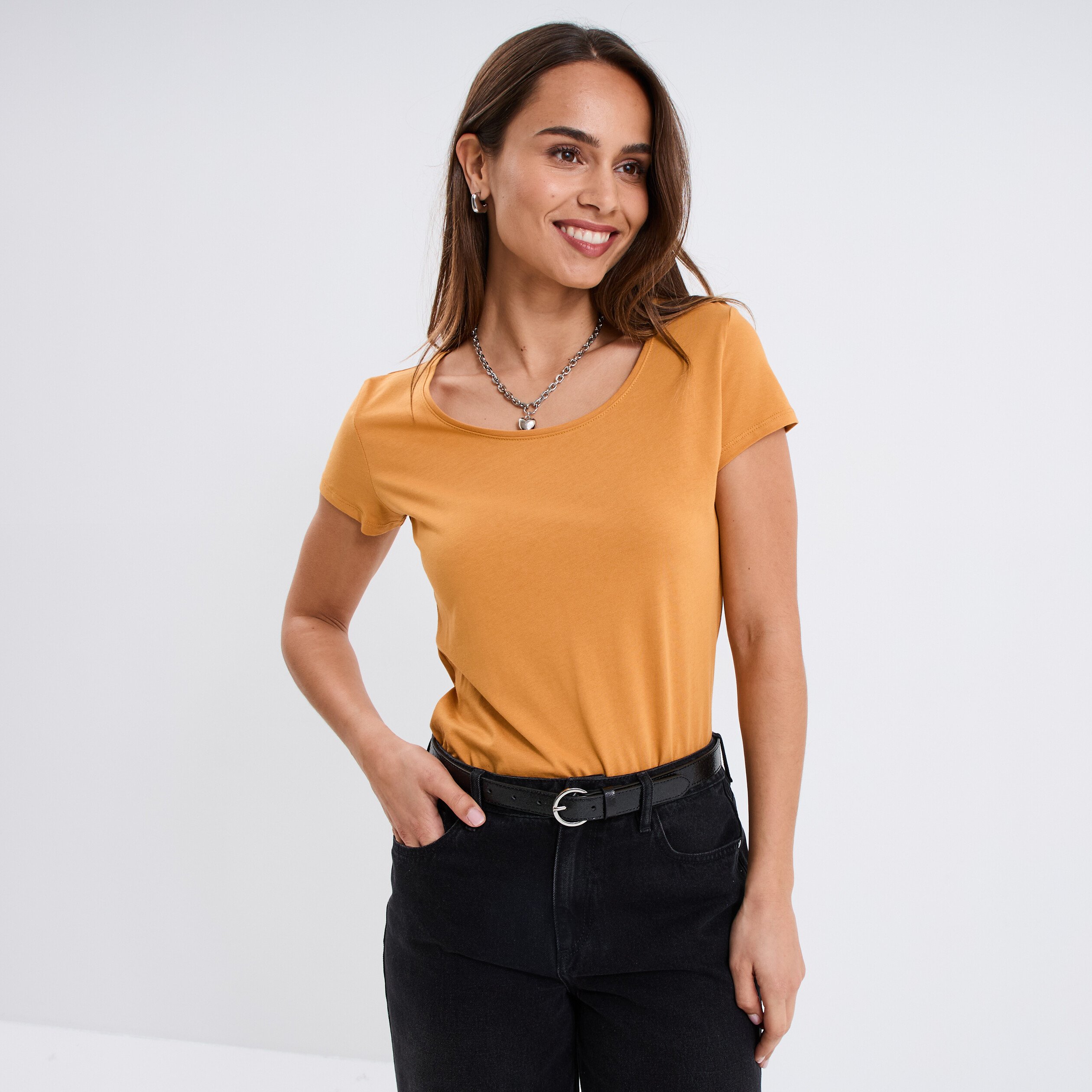 T Shirt Haut Moutarde Femme T-shirt Coton Col Rond Manches Courtes